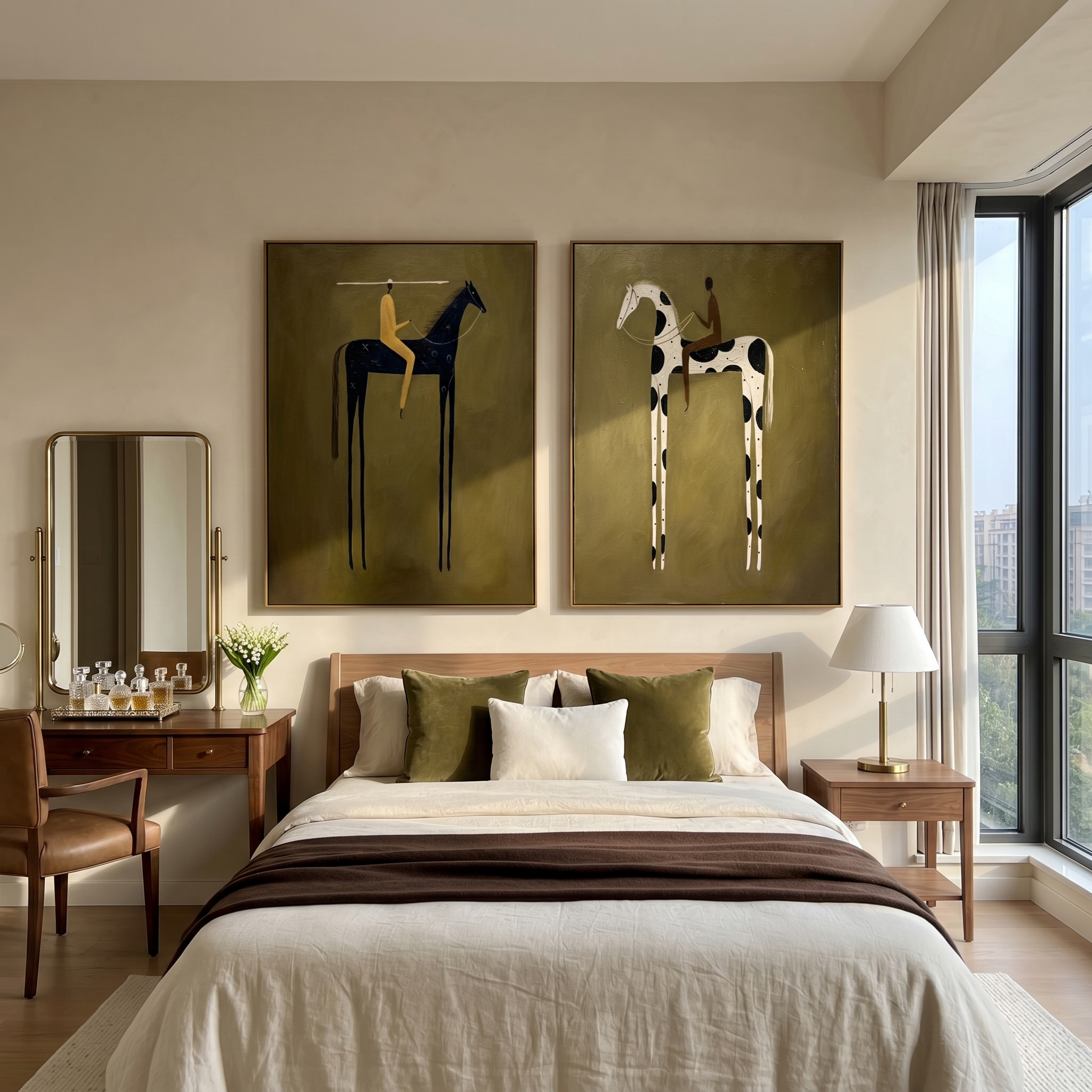 "Twin Riders' Journey" – Modern Heavy Impasto Figurative Set | 3D Olive & Contrast Palette Knife Paintings | Luxury Vertical Diptych Wall Art #AB 495