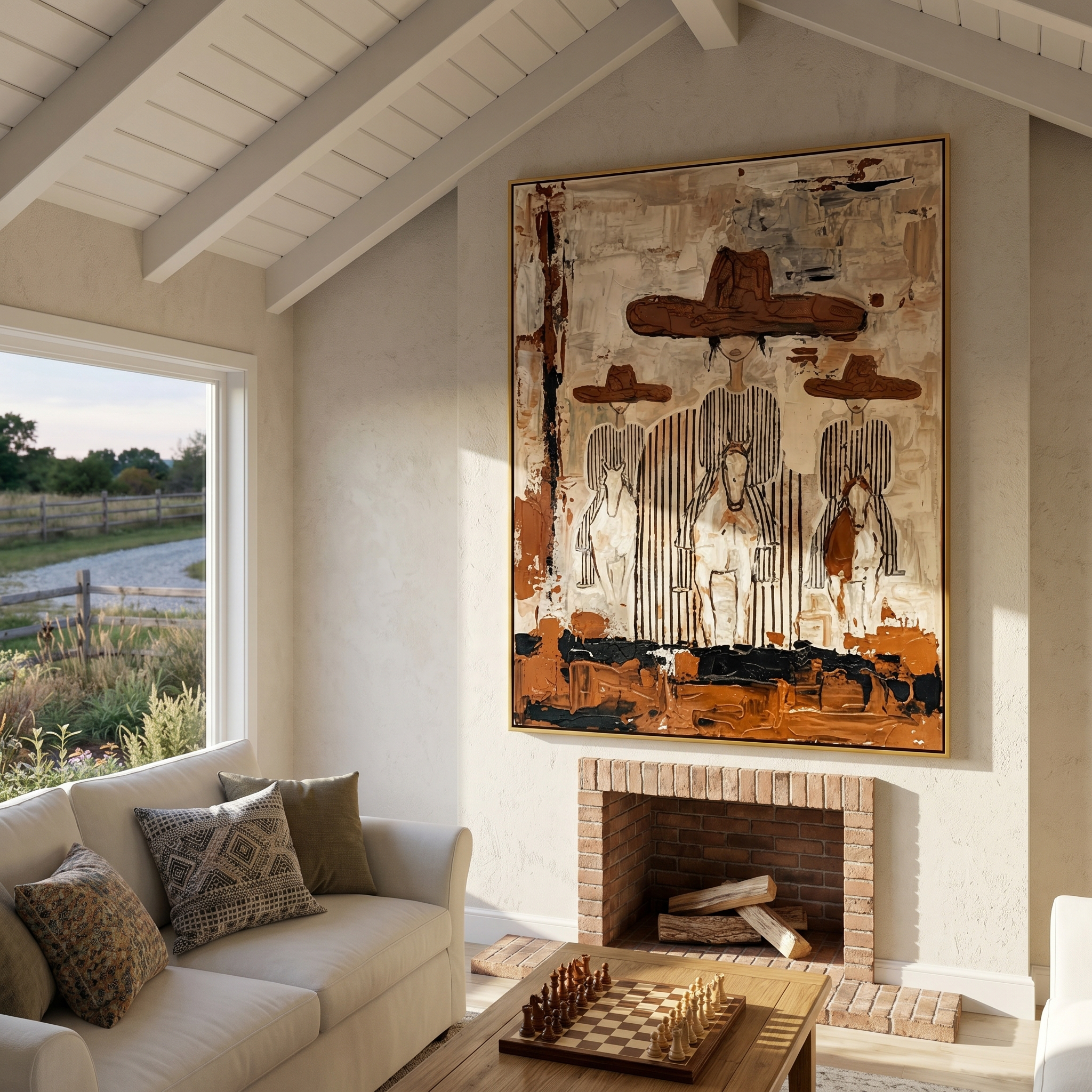 "Three Riders" – Modern Heavy Impasto Western Art | 3D Rust & Ivory Palette Knife Painting | Luxury Vertical Wall Art #PE 509