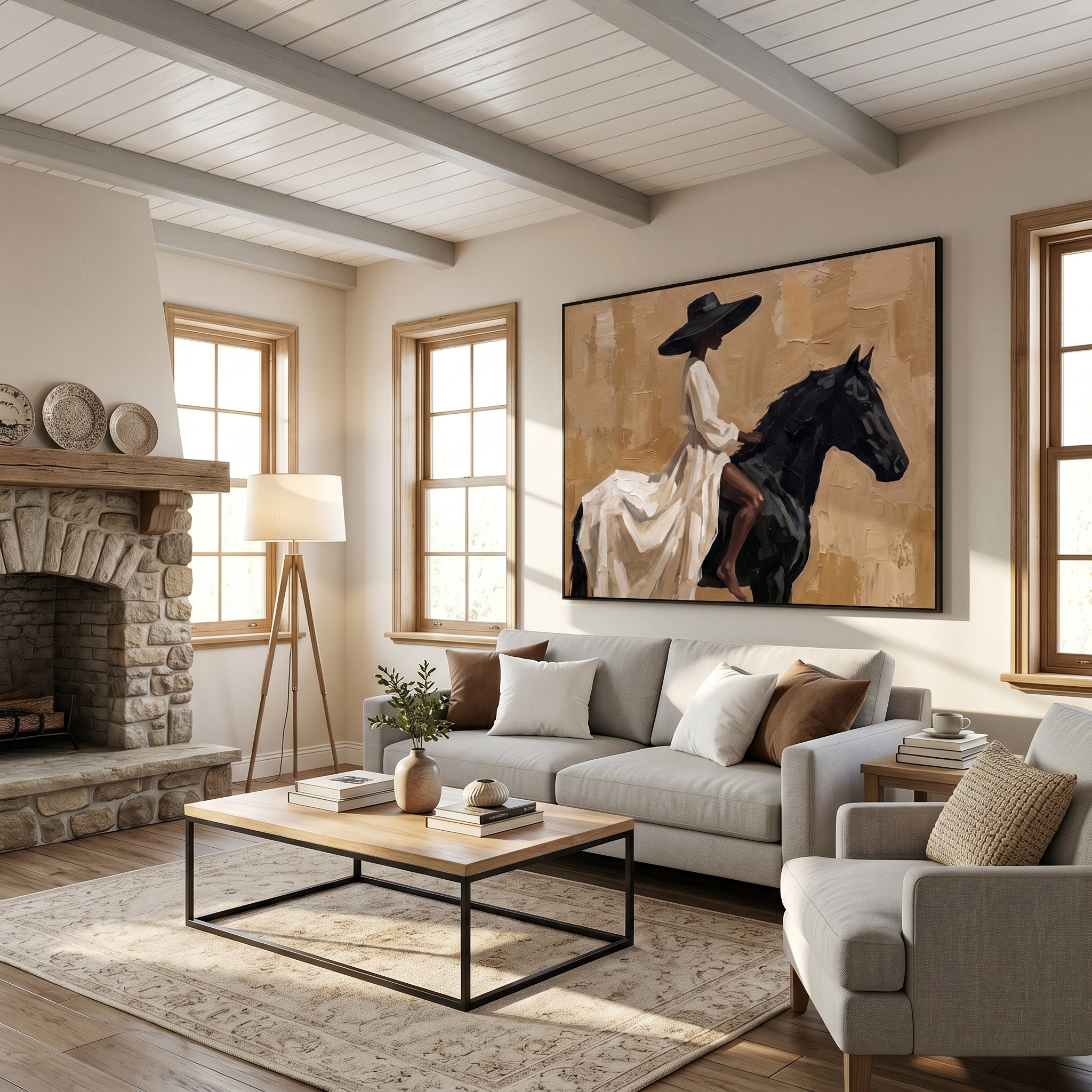 "Elegant Noir Equestrienne" – Modern Heavy Impasto Contemporary Figurative | 3D Warm Sand & Jet Black Palette Knife Painting | Luxury Horizontal Wall Art #PT 562