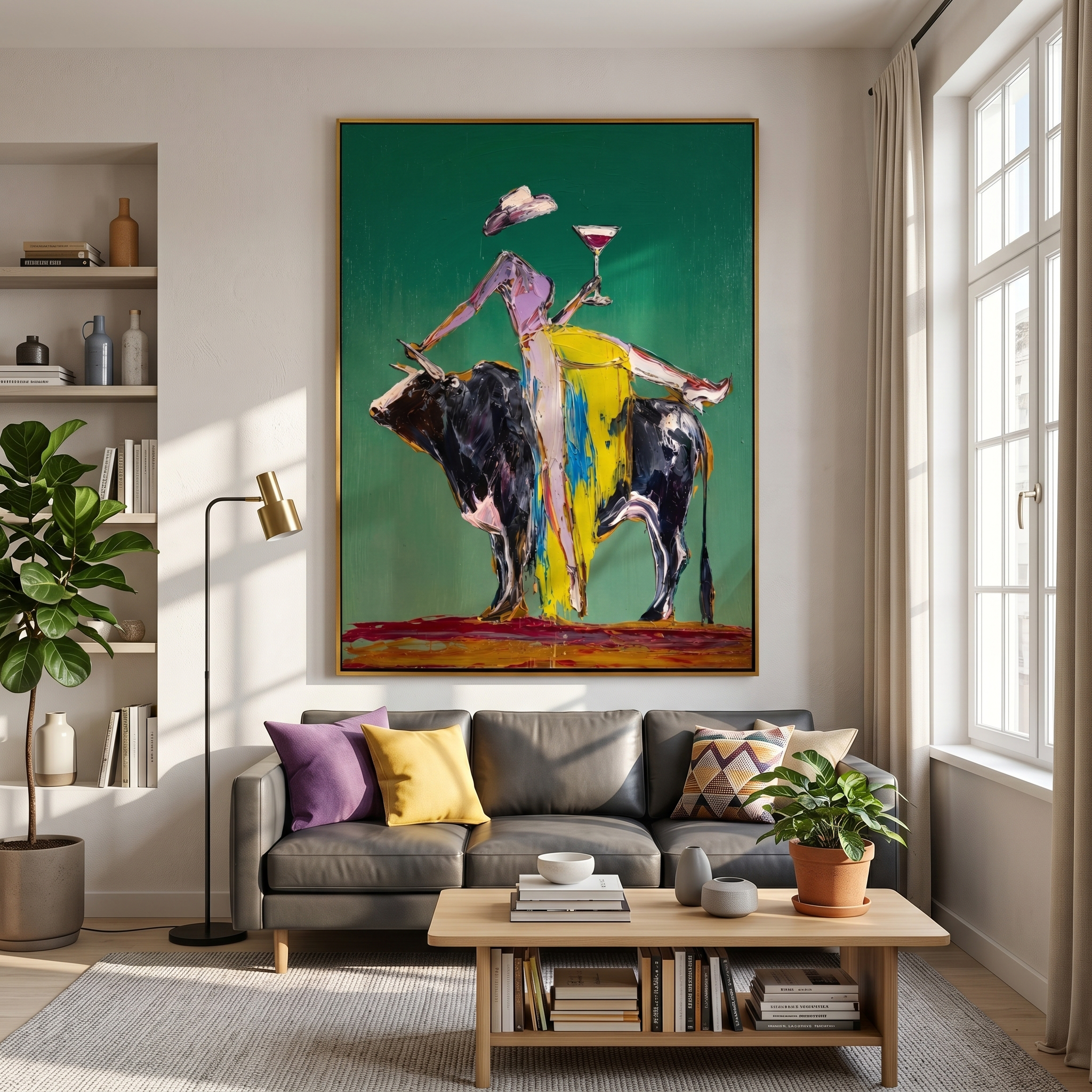 "Cocktail & The Bull" – Modern Heavy Impasto Abstract Figurative Art | 3D Emerald & Citrus Palette Knife Painting | Luxury Vertical Wall Art #AB 497