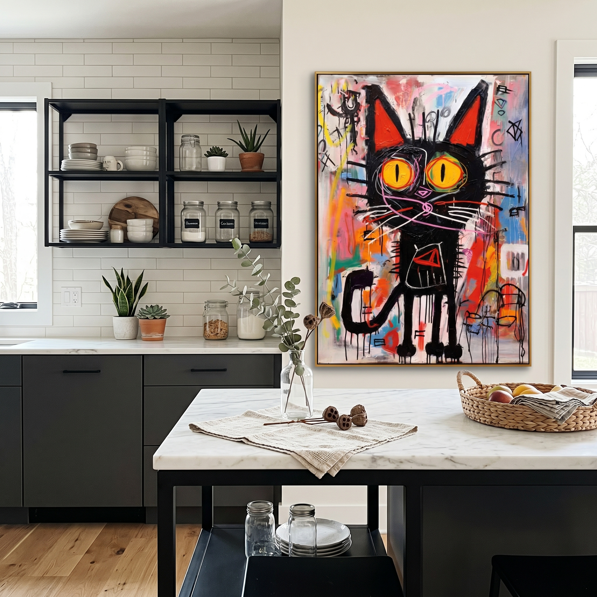 "Neon Street Cat" – Textured Abstract Graffiti Canvas | Vibrant Multicolor & Black Cat Expressionist Artwork | Urban Contemporary Wall Decor #AN 149