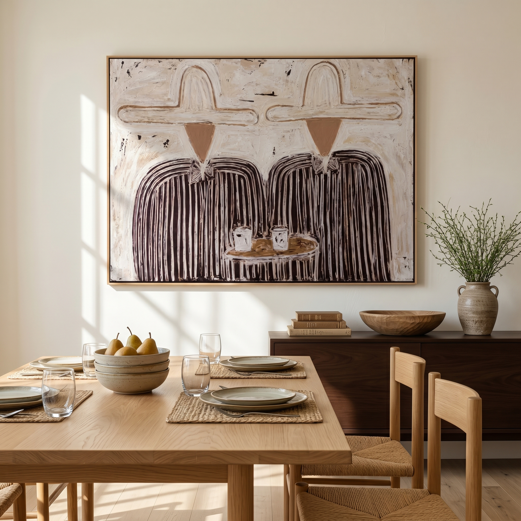 "Dual Cowboy Coffee Session" – Modern Heavy Impasto Minimal Western Figurative | 3D Off-White & Espresso Brown Palette Knife Painting | Luxury Horizontal Wall Art #PE 526