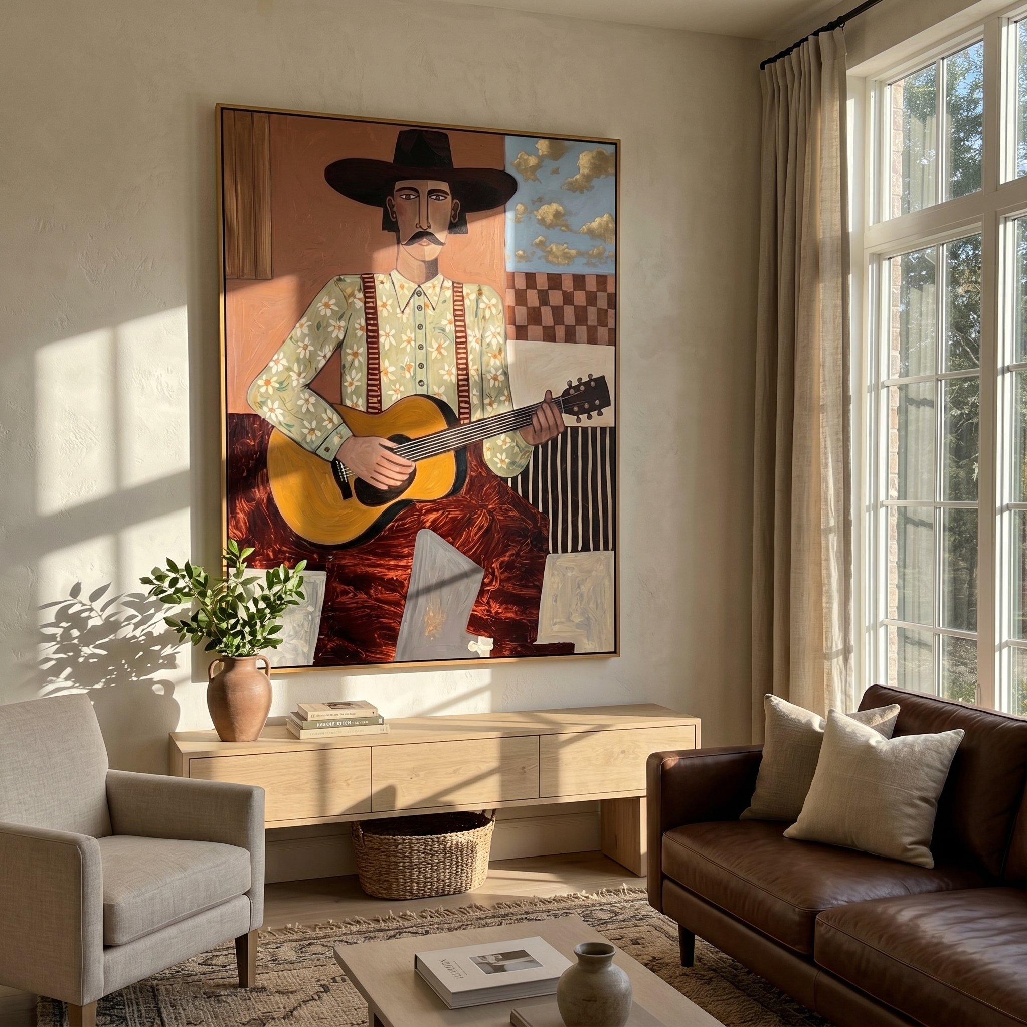 "The Western Guitarist" – Modern Folk Impasto Portrait | 3D Terracotta & Gold Palette Knife Painting | Luxury Vertical Wall Art #PE 506