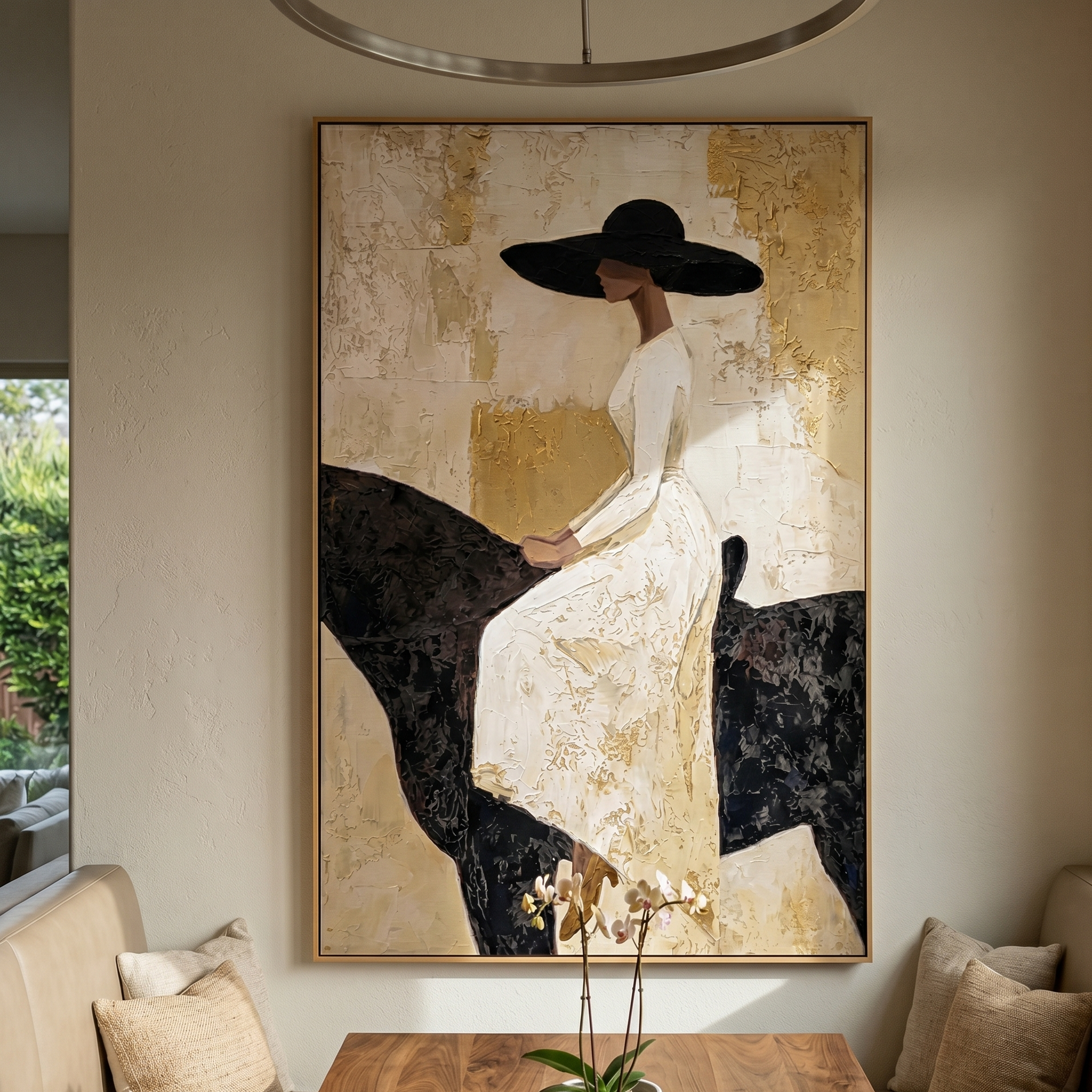 "Equestrian Elegance" – Modern Heavy Impasto Figurative Art | 3D Ivory & Gold Leaf Palette Knife Painting | Luxury Vertical Wall Art #PE 515