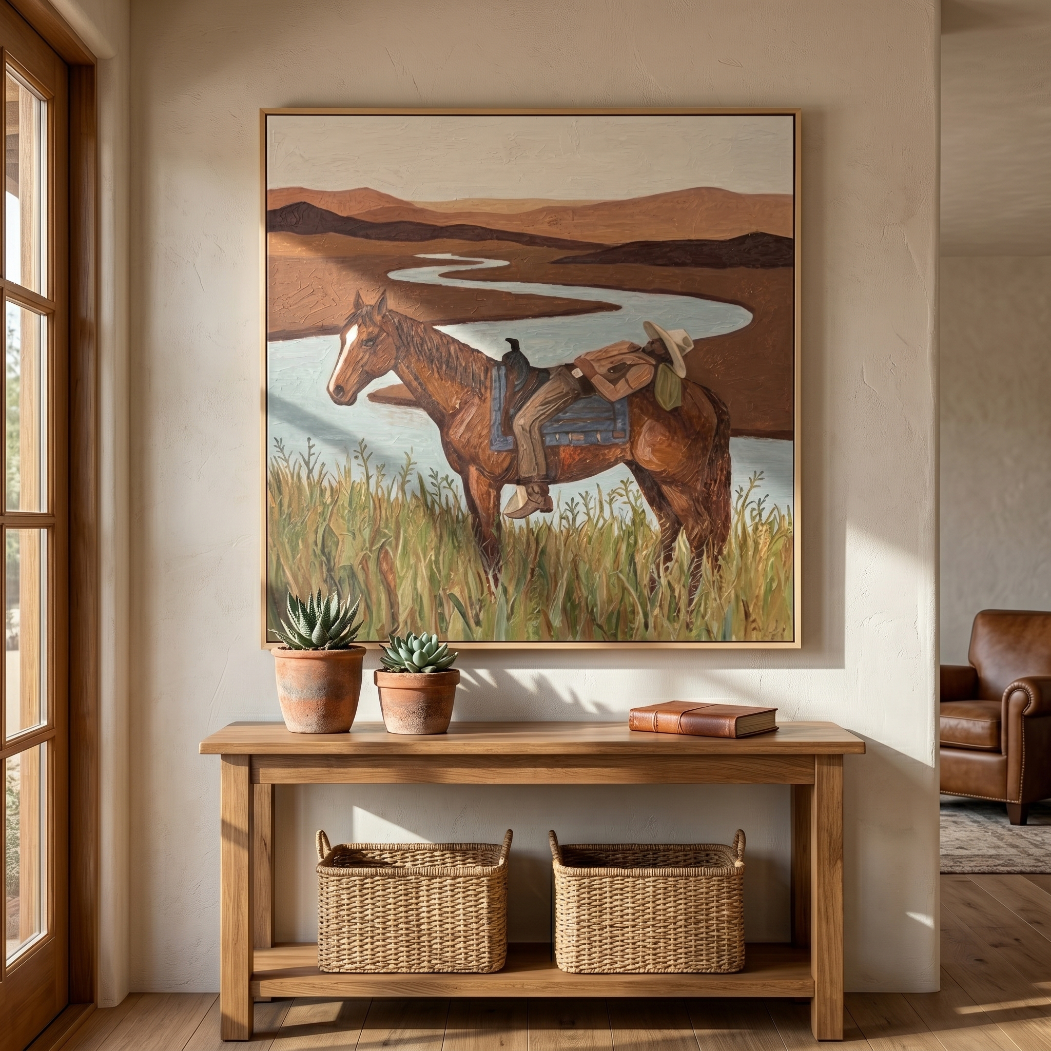 "Riverside Siesta Cowboy" – Modern Heavy Impasto Western Landscape Figurative | 3D Clay Terracotta & Muted Aqua Palette Knife Painting | Luxury Square Wall Art #PT 566