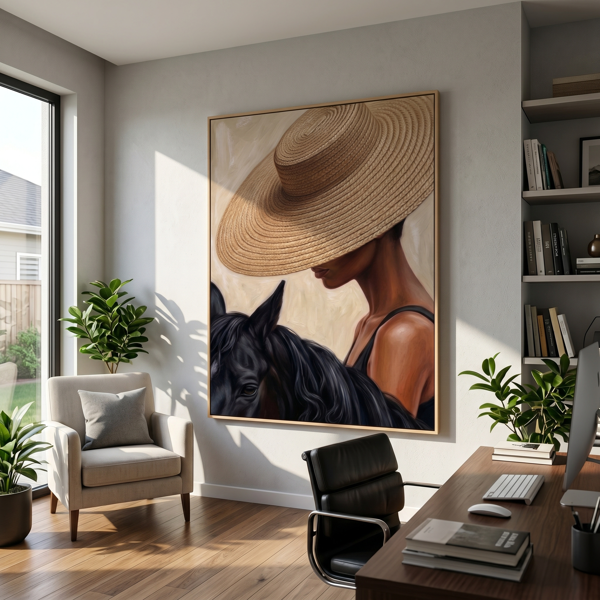 "Straw Hat & Steed" – Modern Heavy Impasto Figurative Art | 3D Natural Woven & Noir Palette Knife Painting | Luxury Vertical Wall Art #PE 516