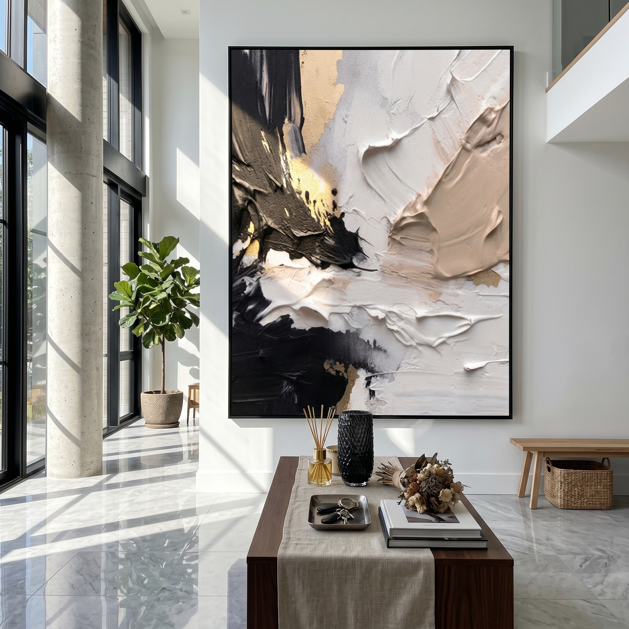 "Noir & Gold Fusion" – Modern Heavy Impasto Abstract | 3D Black, Beige & Gold Palette Knife Painting | Luxury Vertical Wall Art #PT 550
