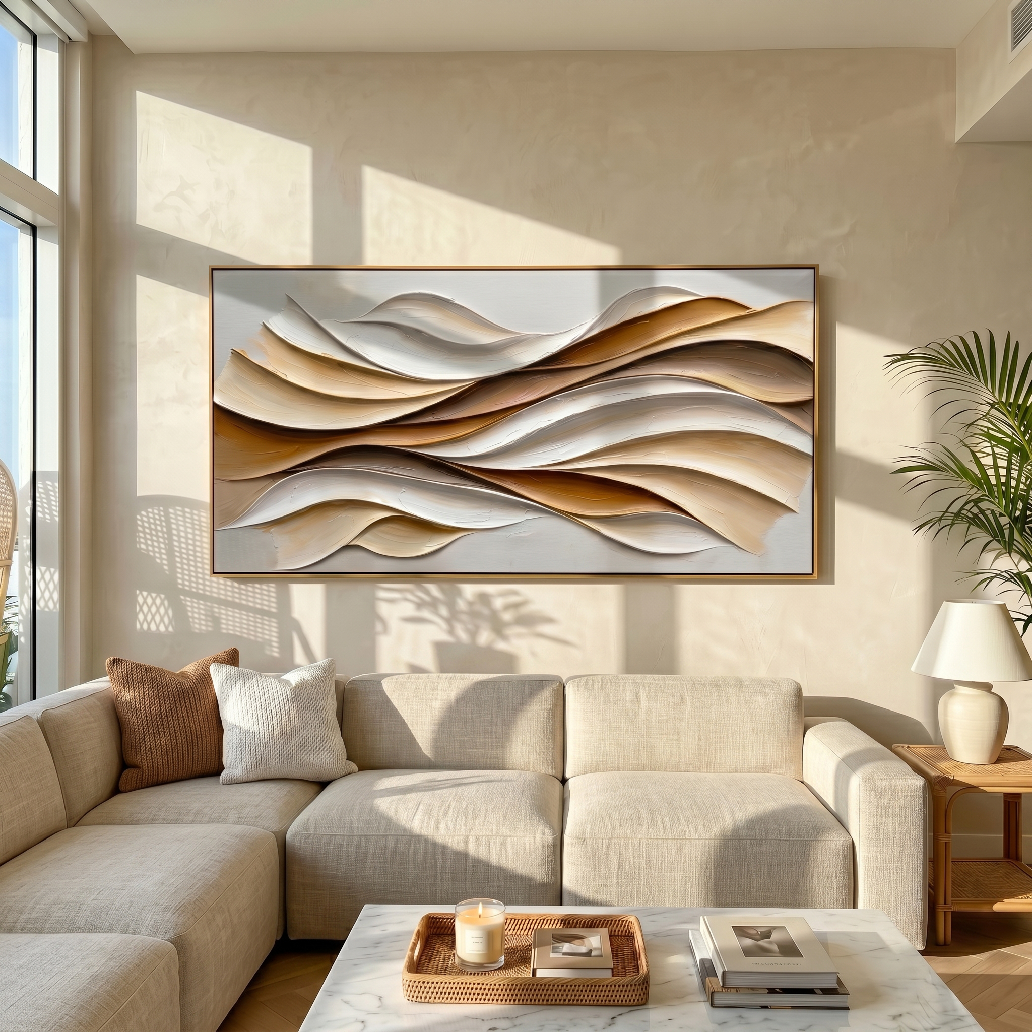 "Warm Current Flow" – Modern Textured Abstract Canvas | Earthy Beige & Gold 3D Wave Artwork | Luxury Living Room Wall Decor #PT 549