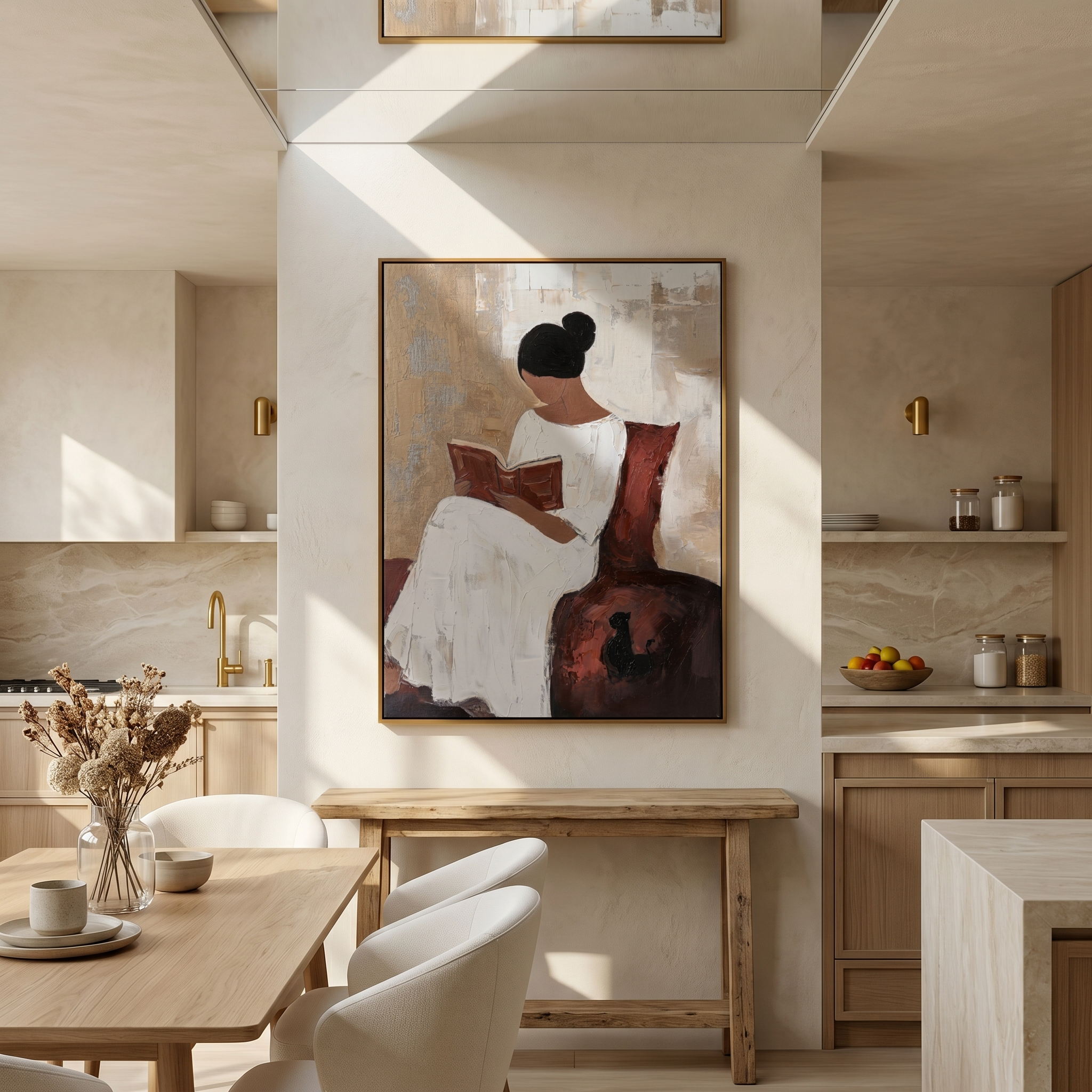 "Serene Reader's Moment" – Textured Abstract Portrait Art | Beige, White & Deep Red Woman with Book Painting | Contemporary Wall Decor #PE 500