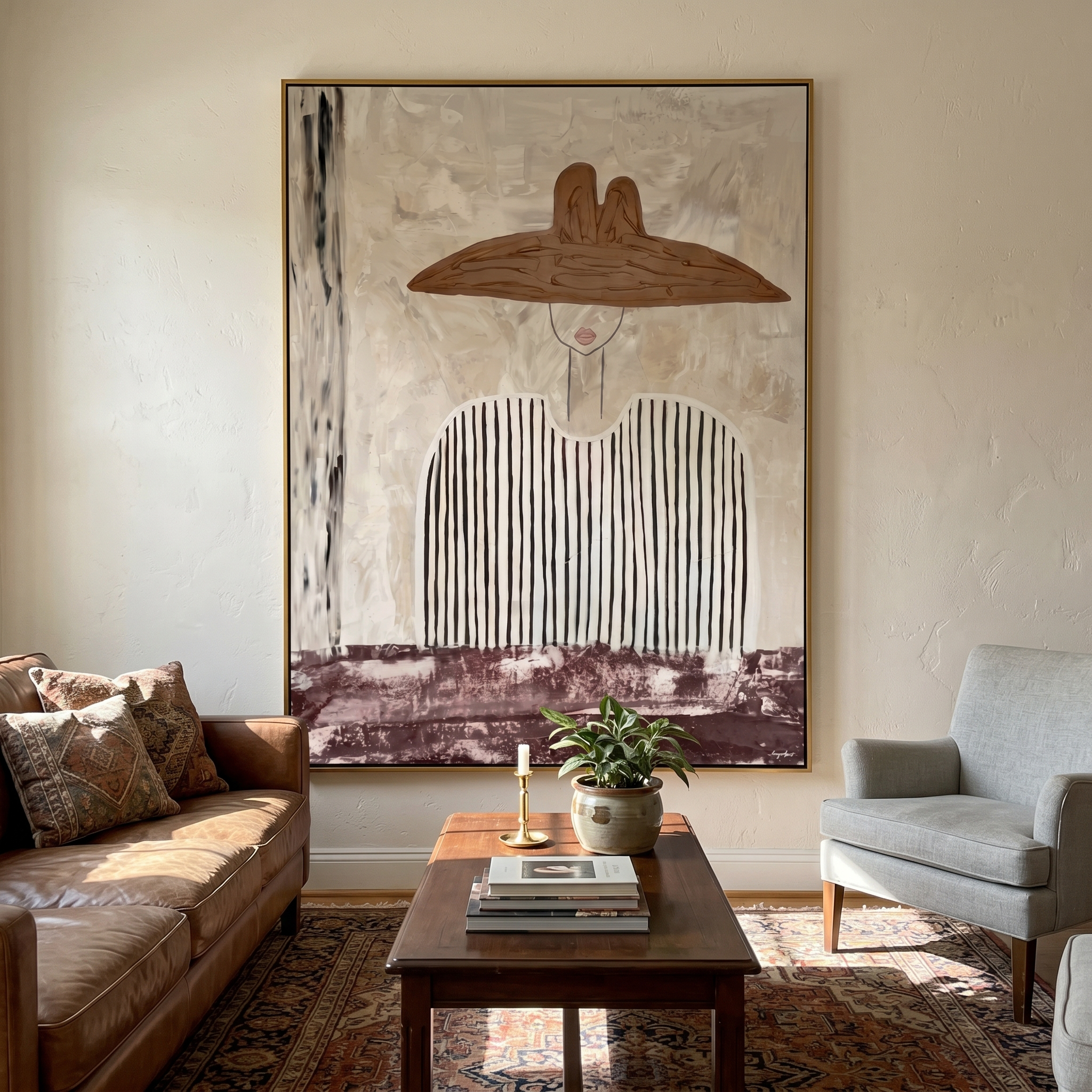 "Neutral Elegance with the Wide Brim" – Expressive Sculptural Art | 3D Layered Taupe & Plum Canvas | Luxury Vertical Wall Art #PE 512