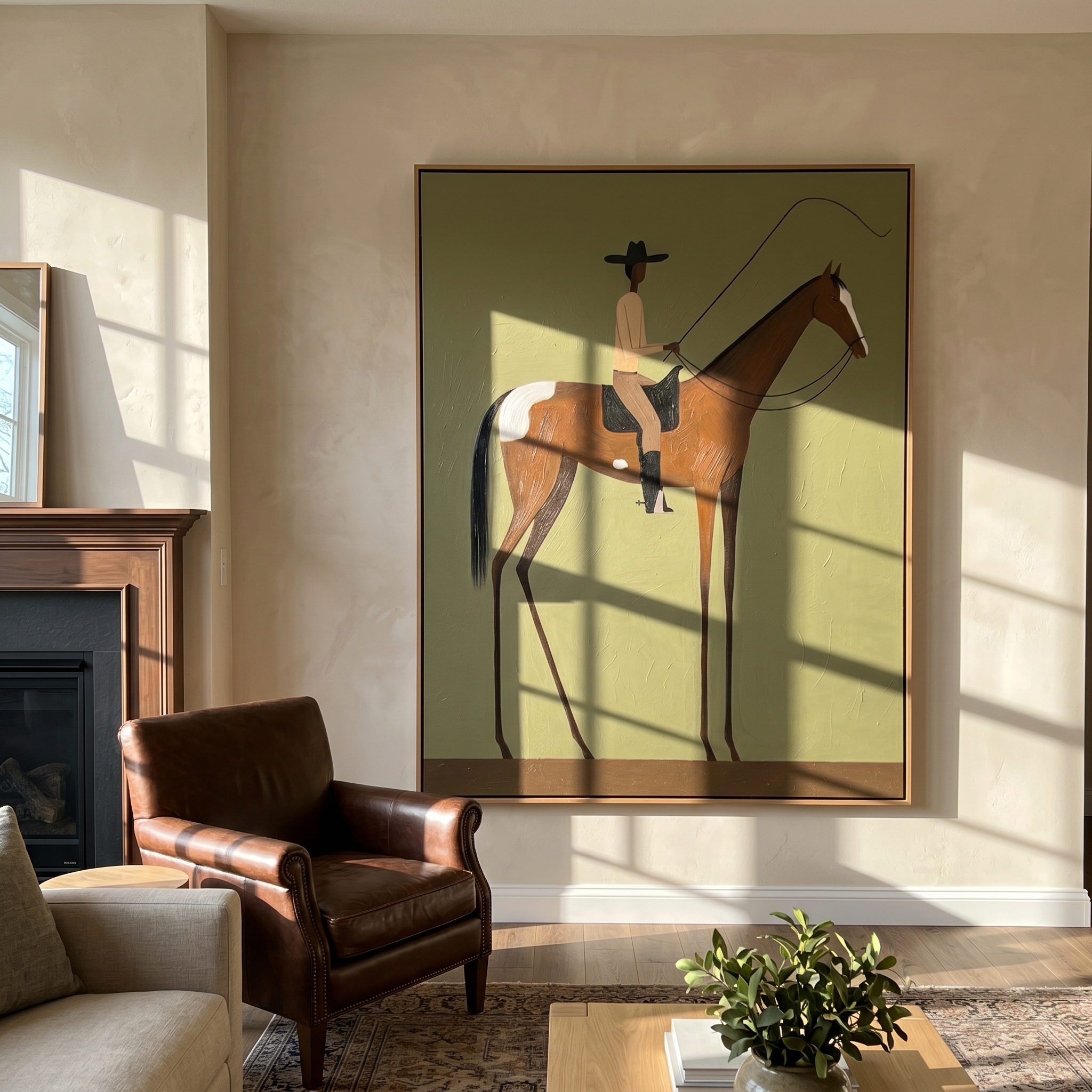 "Solo Pasture Cowboy" – Modern Heavy Impasto Minimal Western Figurative | 3D Moss Olive & Chestnut Palette Knife Painting | Luxury Vertical Wall Art #PT 507