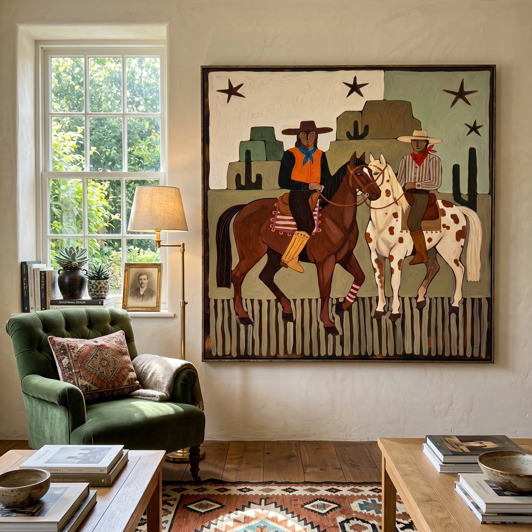 "Dual Frontier Riders" – Modern Heavy Impasto Southwestern Folk Figurative | 3D Muted Sage & Rust Ochre Palette Knife Painting | Luxury Square Wall Art #PT 563