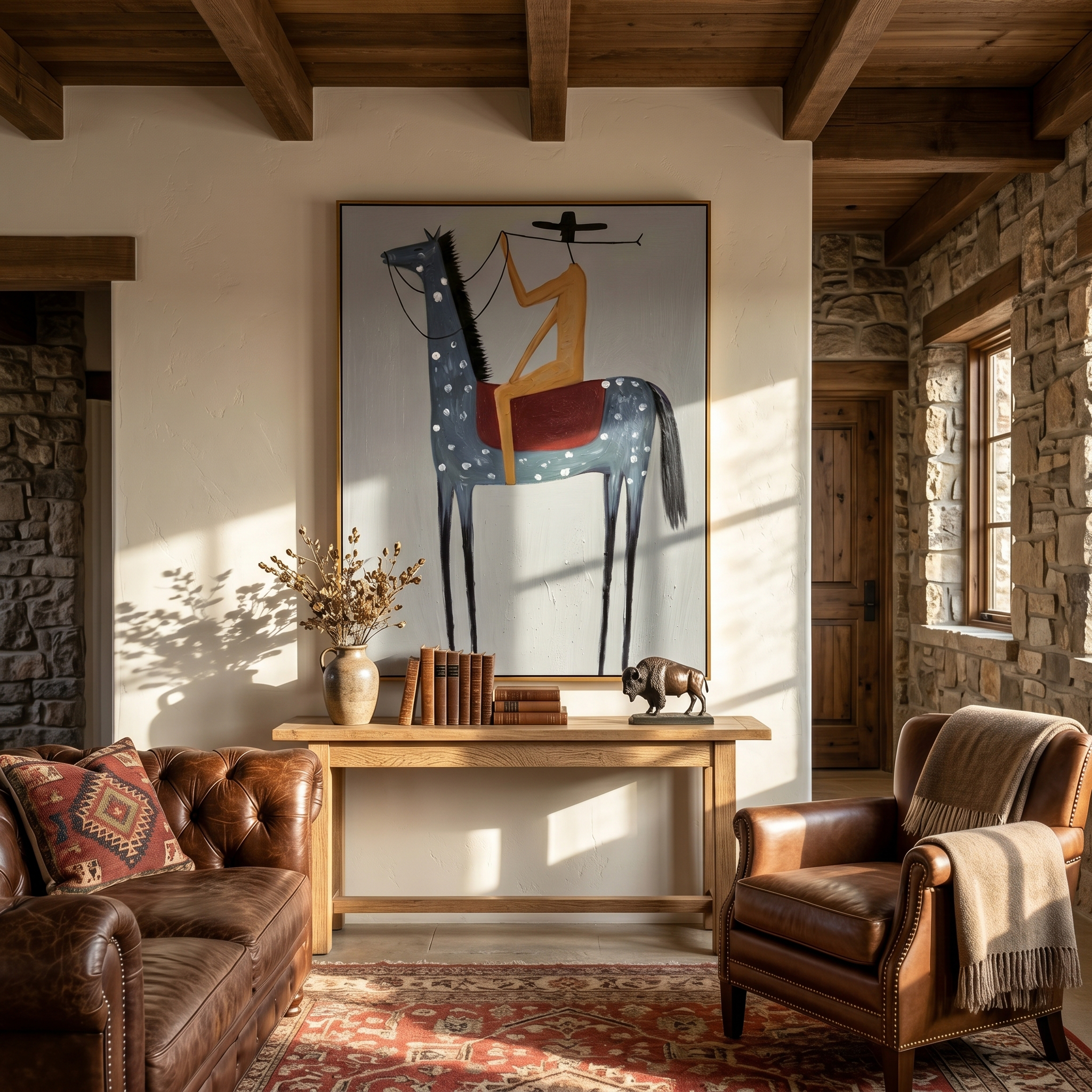 "Solitary Western Rider" – Modern Heavy Impasto Minimalist Figurative | 3D Slate Blue & Sand Ochre Palette Knife Painting | Luxury Vertical Wall Art #AB 504