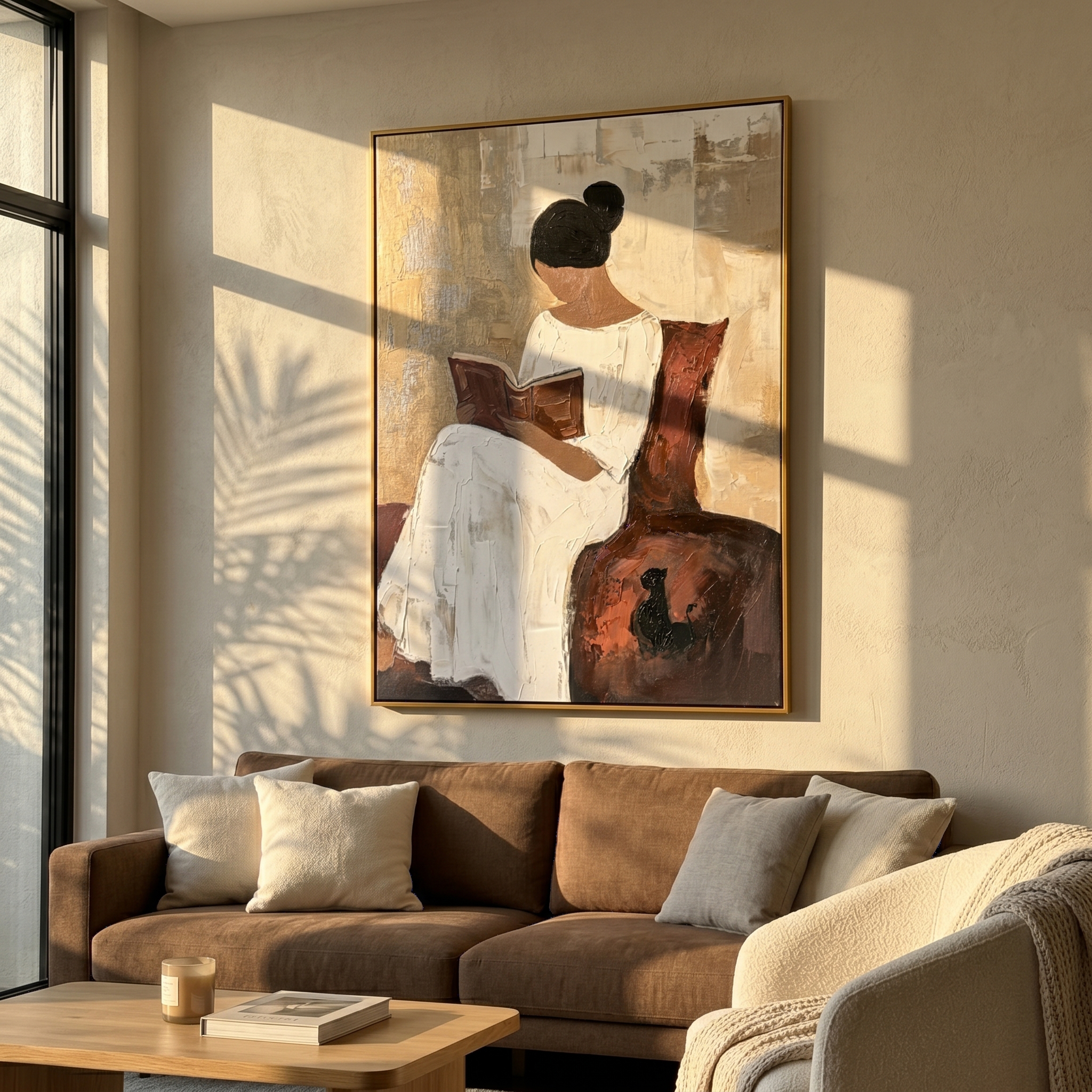 "Serene Reader's Moment" – Textured Abstract Portrait Art | Beige, White & Deep Red Woman with Book Painting | Contemporary Wall Decor #PE 500
