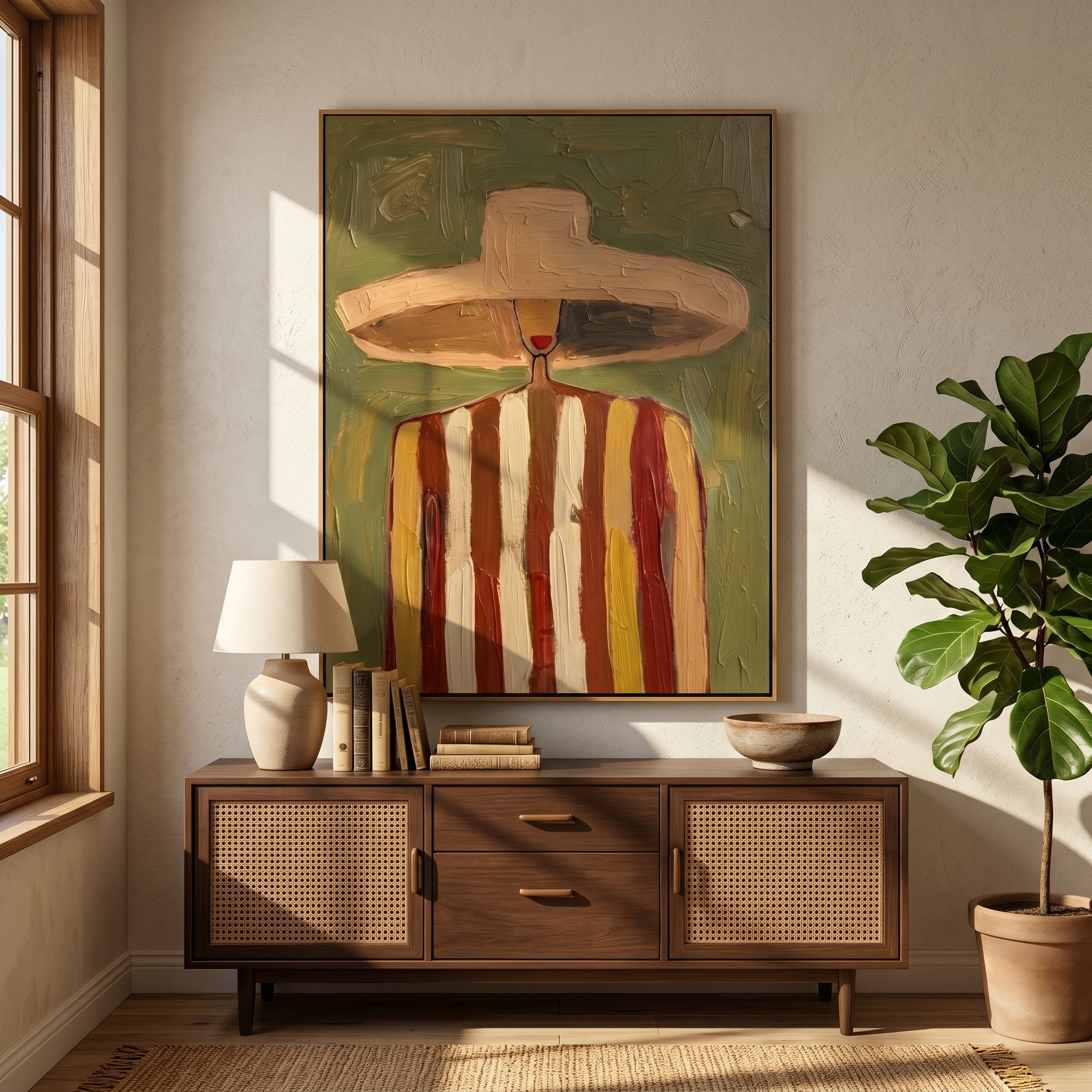 "Striped Silhouette" – Modern Heavy Impasto Abstract Portrait | 3D Olive & Terracotta Palette Knife Painting | Luxury Vertical Wall Art #PE 508