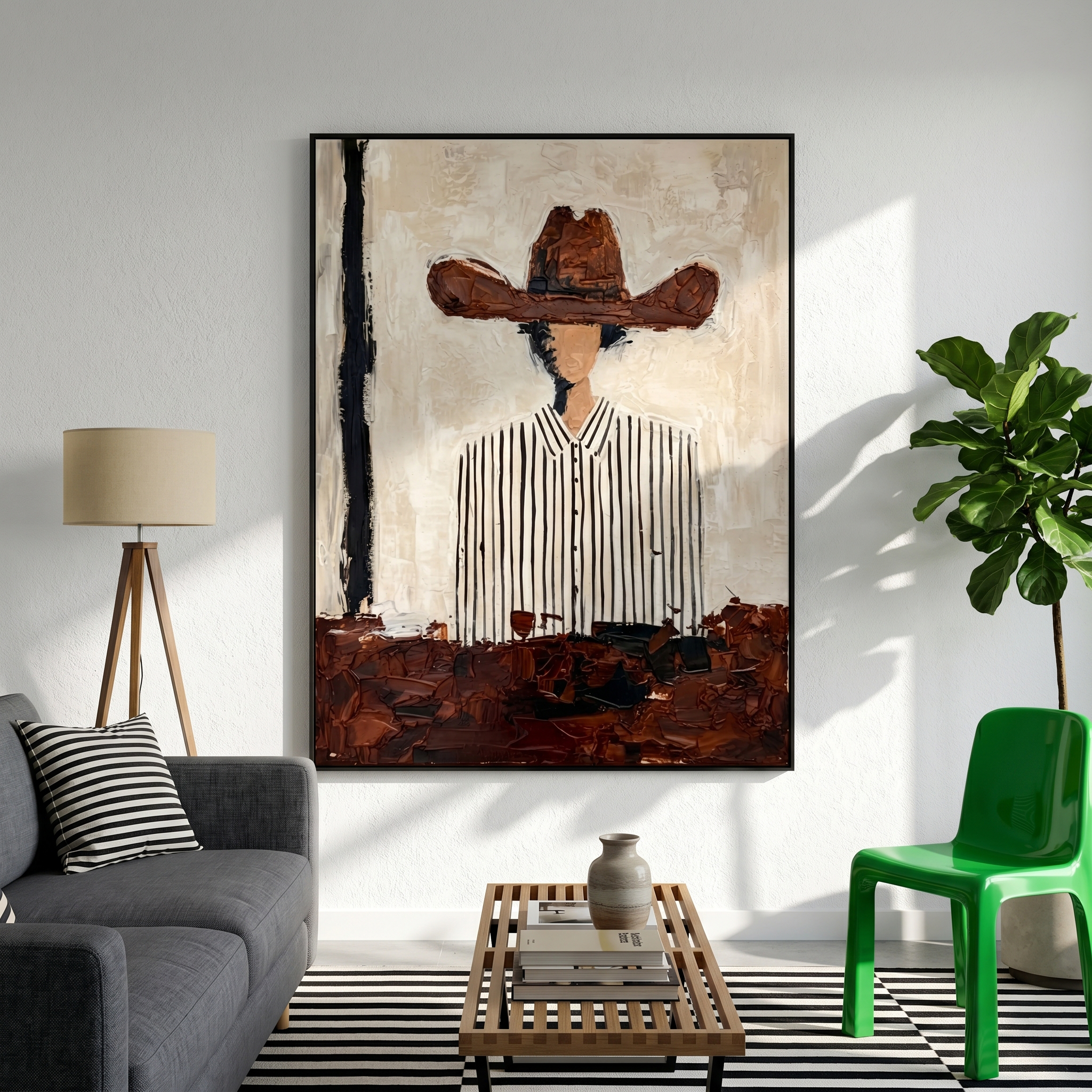 "Rustic Striped Cowgirl" – Expressive Sculptural Portrait Art | 3D Layered Terracotta & Black Canvas | Luxury Vertical Wall Art #PE 505