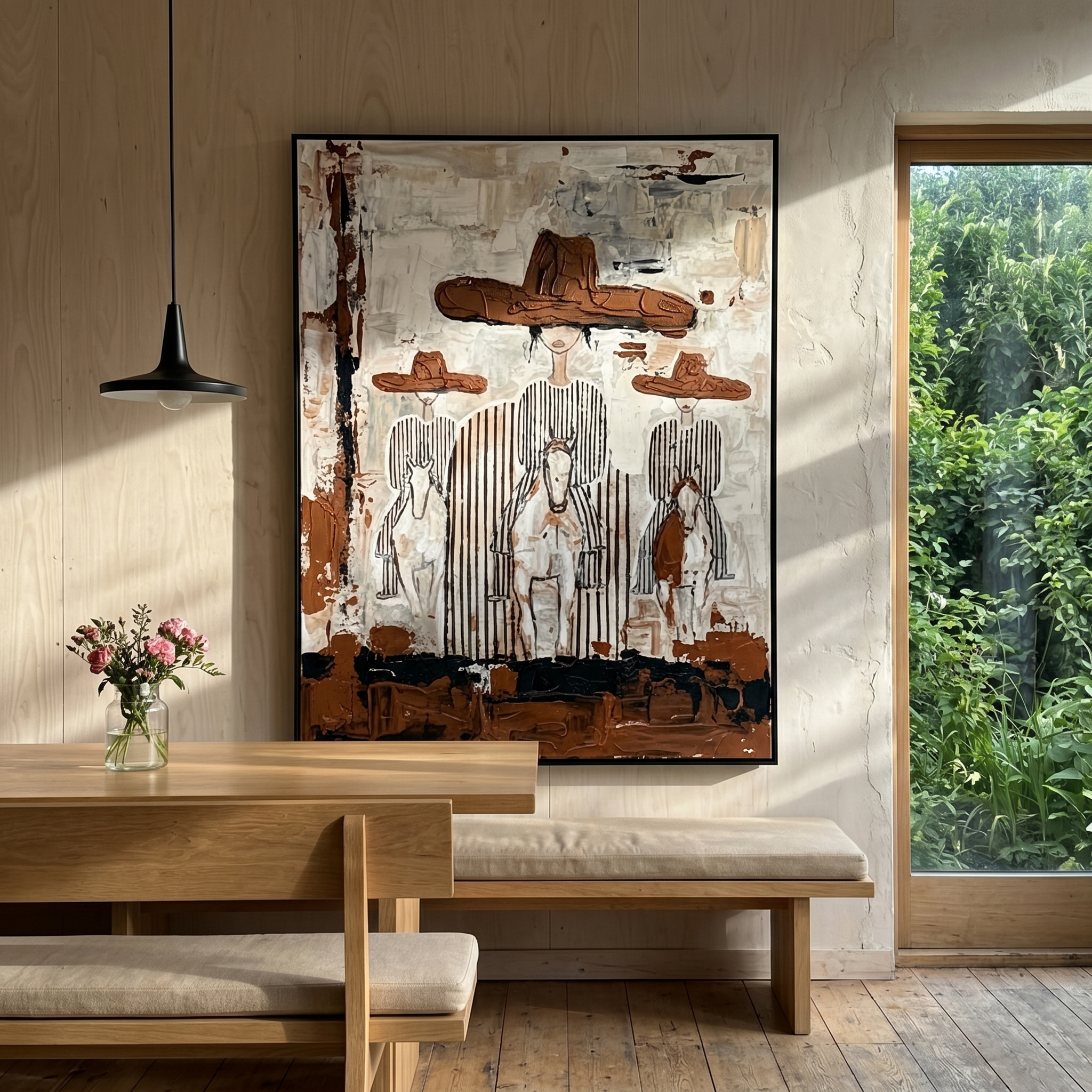 "Three Riders" – Modern Heavy Impasto Western Art | 3D Rust & Ivory Palette Knife Painting | Luxury Vertical Wall Art #PE 509