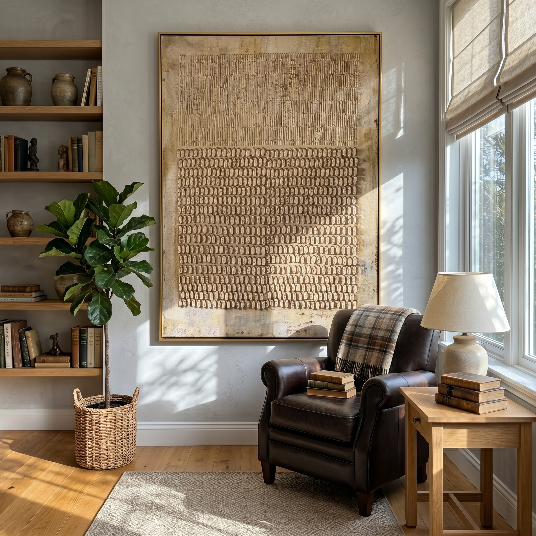 "Linear & Dot Gold Relief" – Modern Heavy Impasto Abstract Art | 3D Warm Gold & Beige Palette Knife Painting | Luxury Vertical Wall Art #WS 257
