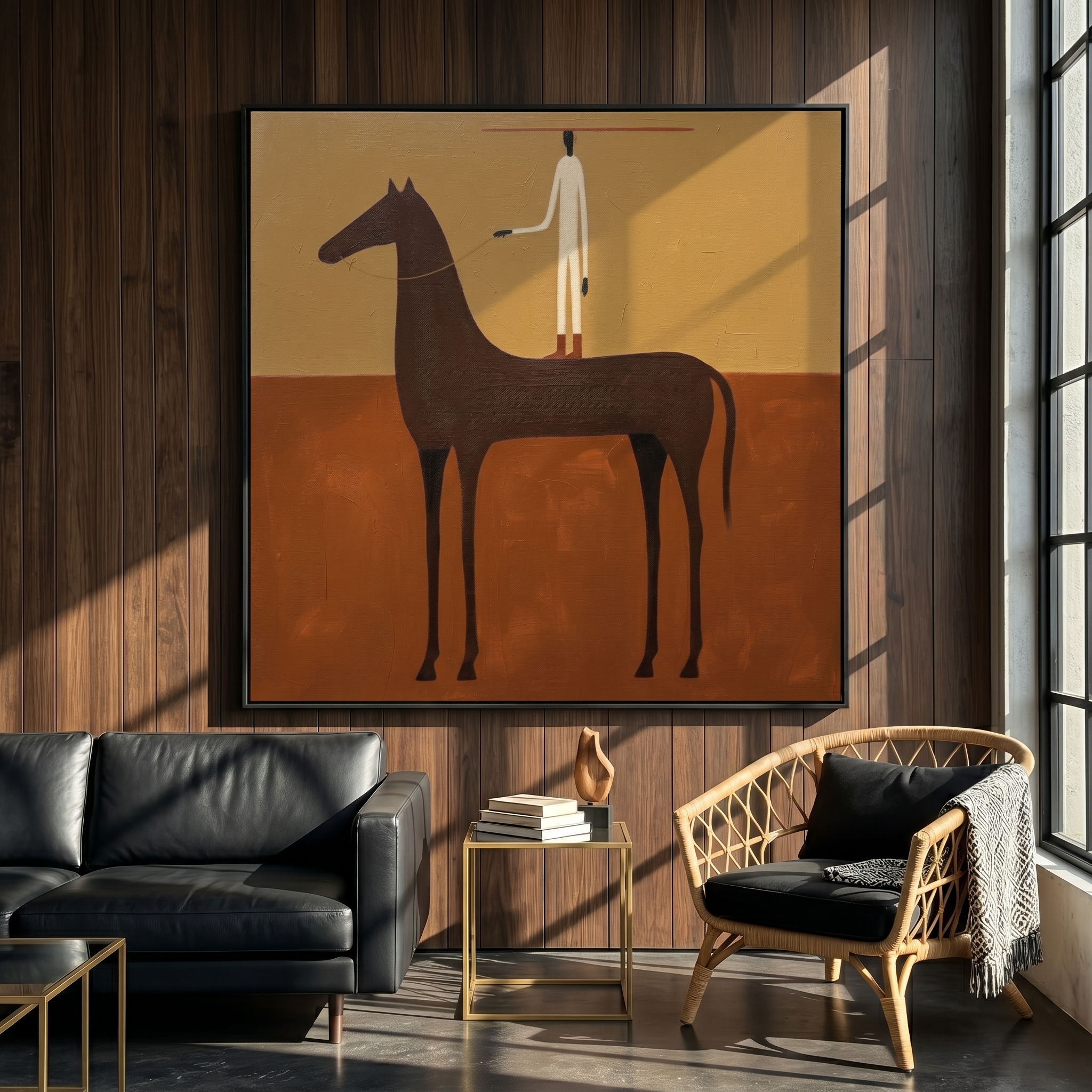 "Minimalist Equine Handler" – Modern Heavy Impasto Abstract Western Figurative | 3D Ochre & Umber Brown Palette Knife Painting | Luxury Square Wall Art #AB 517