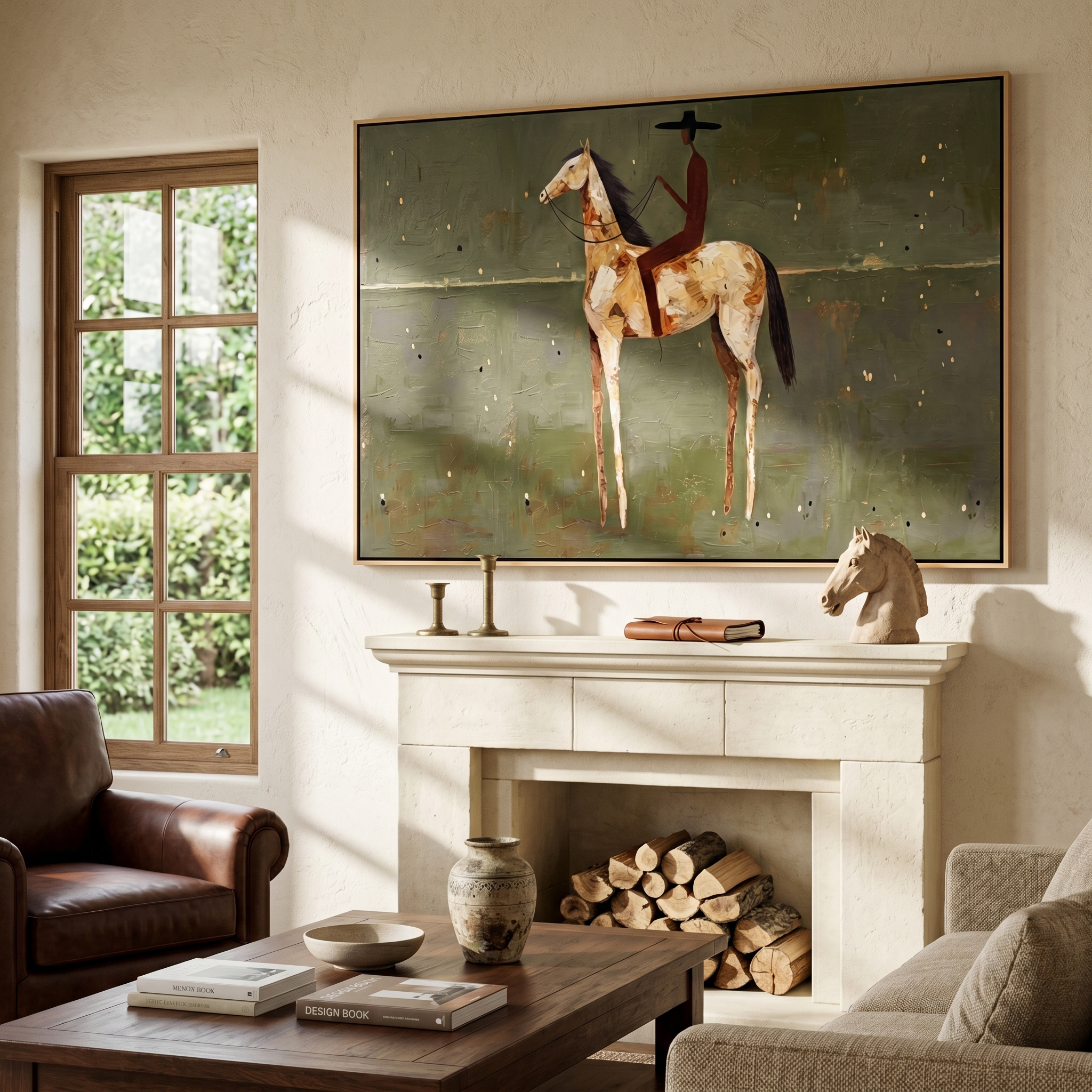 "Solitary Plains Cowboy Rider" – Modern Heavy Impasto Minimal Western Figurative | 3D Muted Sage & Cream Ochre Palette Knife Painting | Luxury Horizontal Wall Art #AB 518