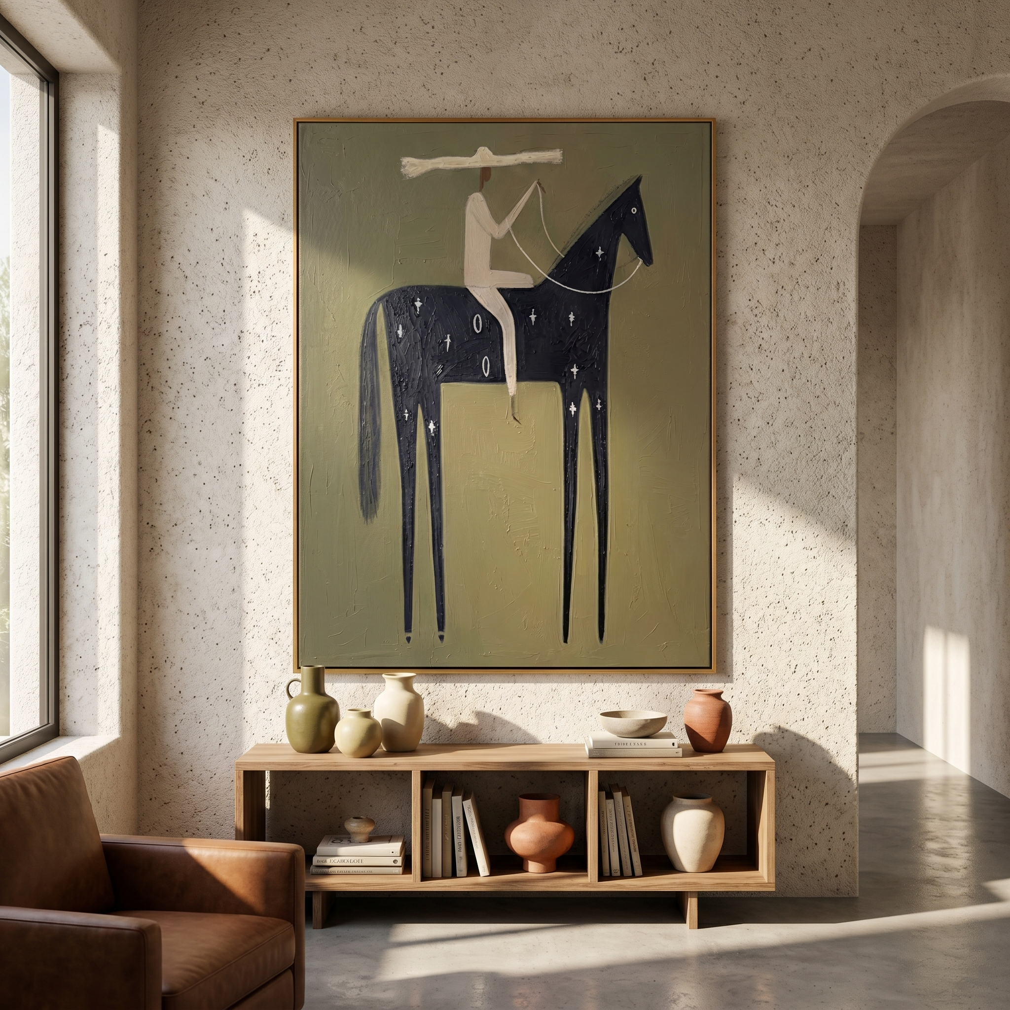 "Starry Marked Desert Horseman" – Modern Heavy Impasto Primitive Western Figurative | 3D Muted Olive & Cream Ebony Palette Knife Painting | Luxury Vertical Wall Art #AB 516
