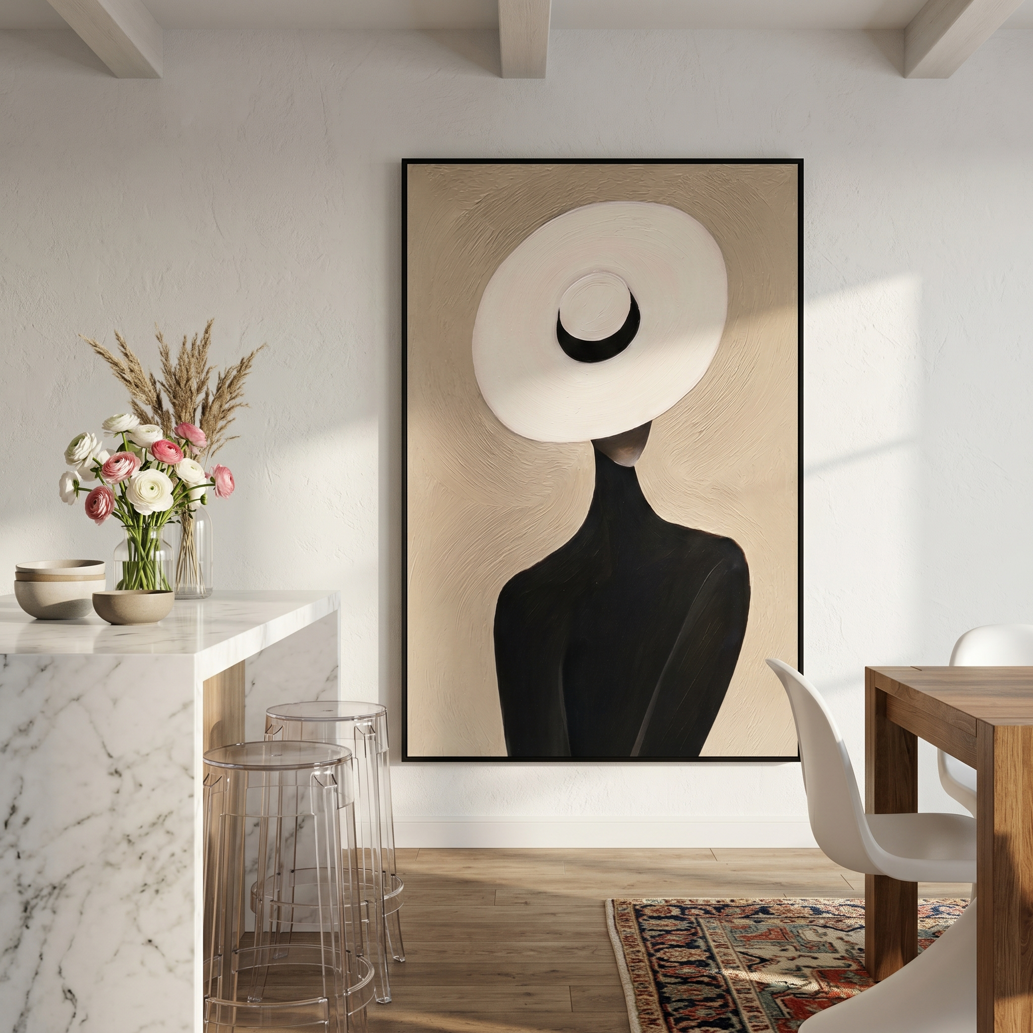 "The White Hat Silhouette" – Modern Heavy Impasto Abstract Portrait | 3D Beige & Noir Palette Knife Painting | Luxury Vertical Wall Art #PE 510