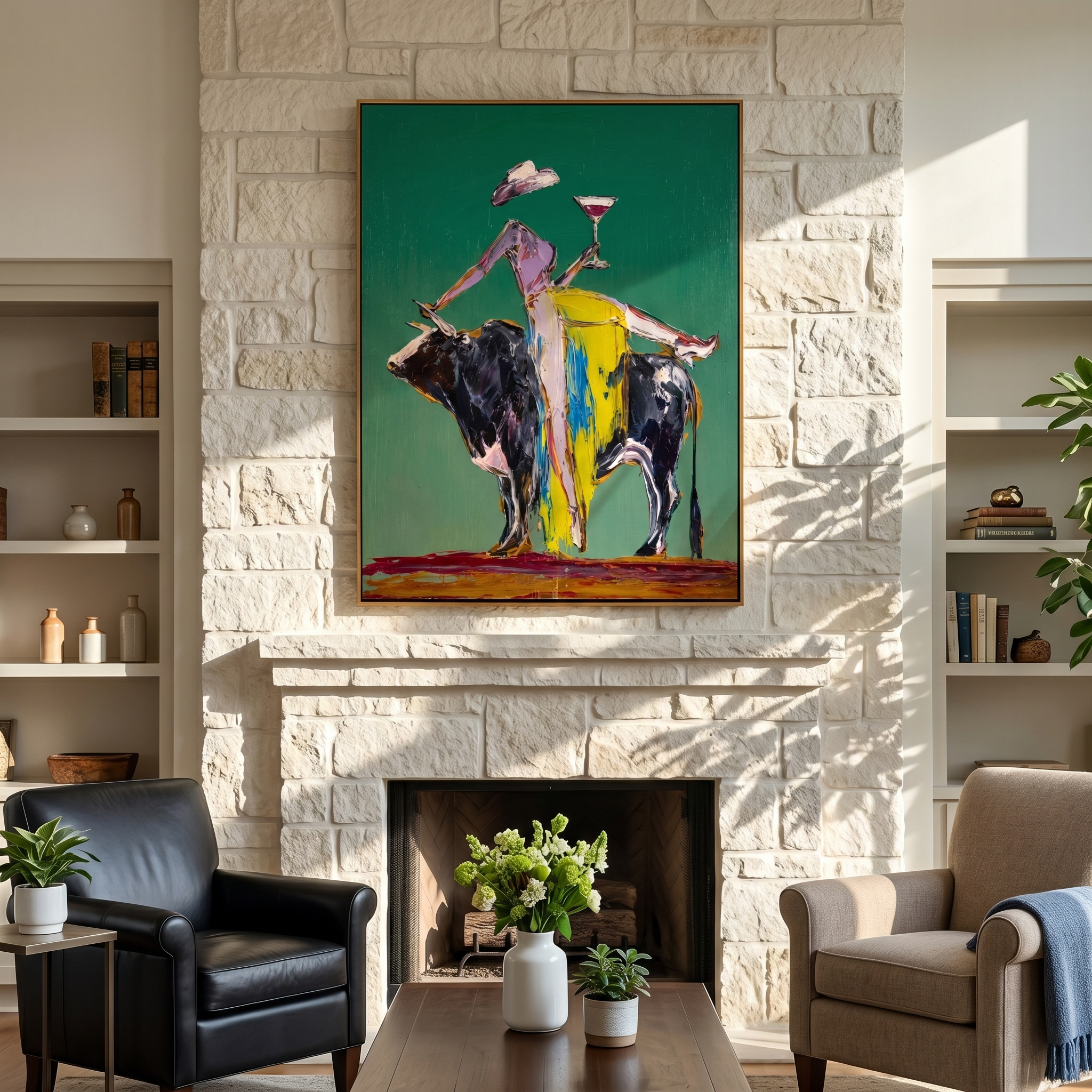 "Cocktail & The Bull" – Modern Heavy Impasto Abstract Figurative Art | 3D Emerald & Citrus Palette Knife Painting | Luxury Vertical Wall Art #AB 497