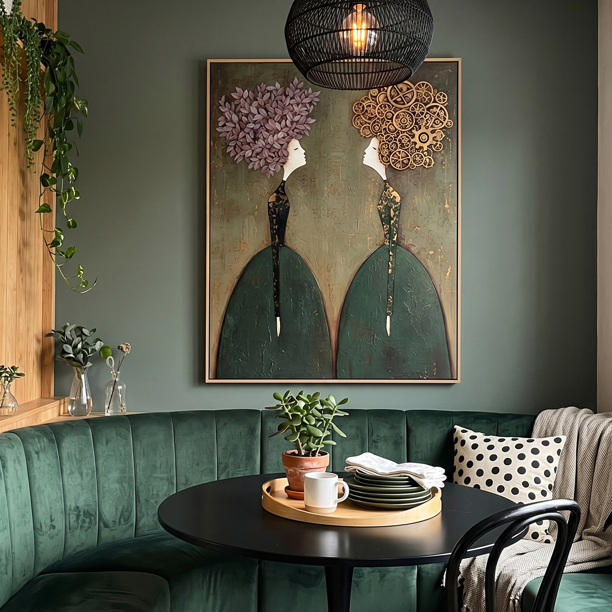 "Floral & Gear Dialogue" – Textured Abstract Portrait Art | Deep Green & Purple Steampunk Women Painting | Contemporary Vertical Wall Decor #PE 499