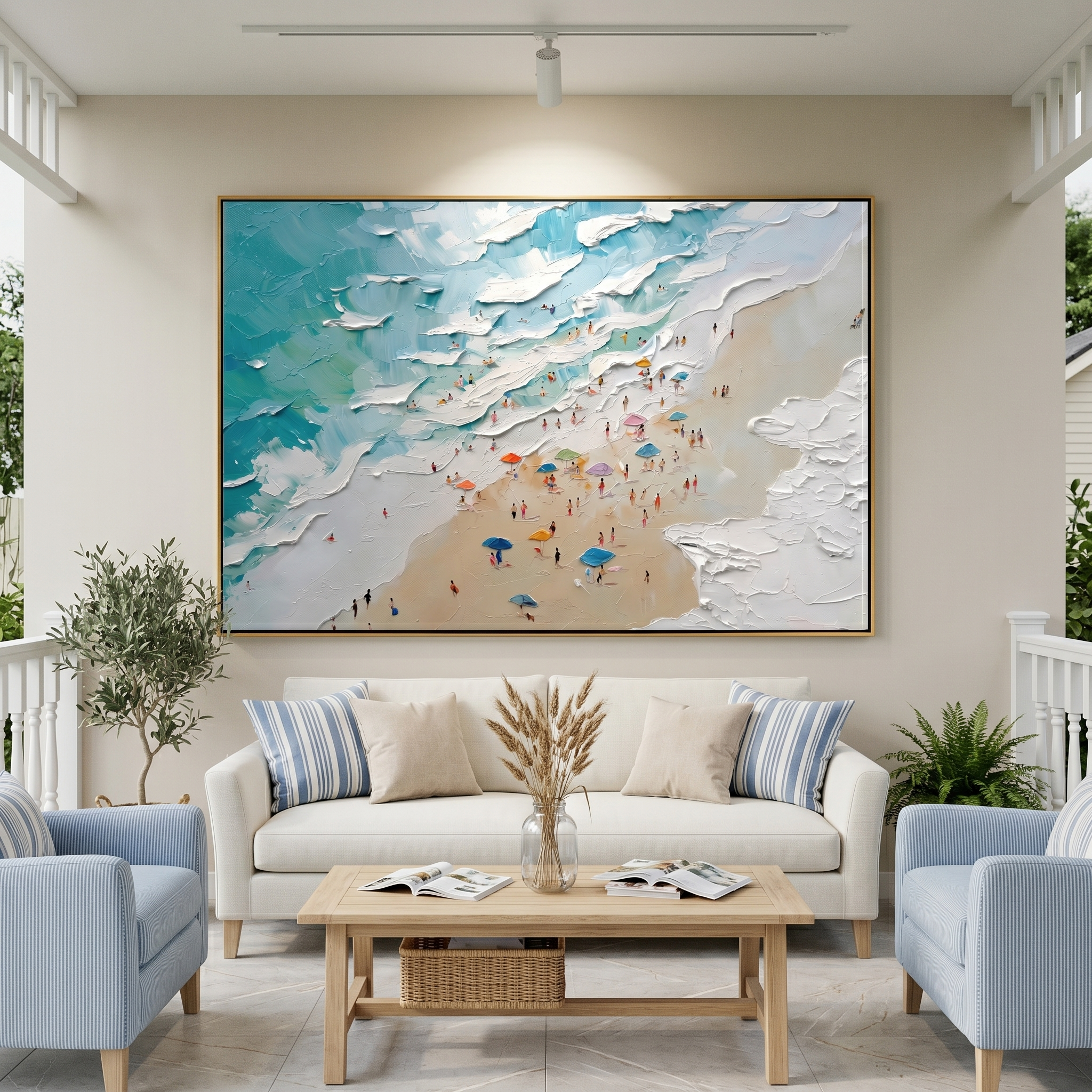 "Summer Reverie" – 3D Heavy Impasto Wave & Miniature Beach Art | Modern Panoramic Coastal Statement Painting #PT 164