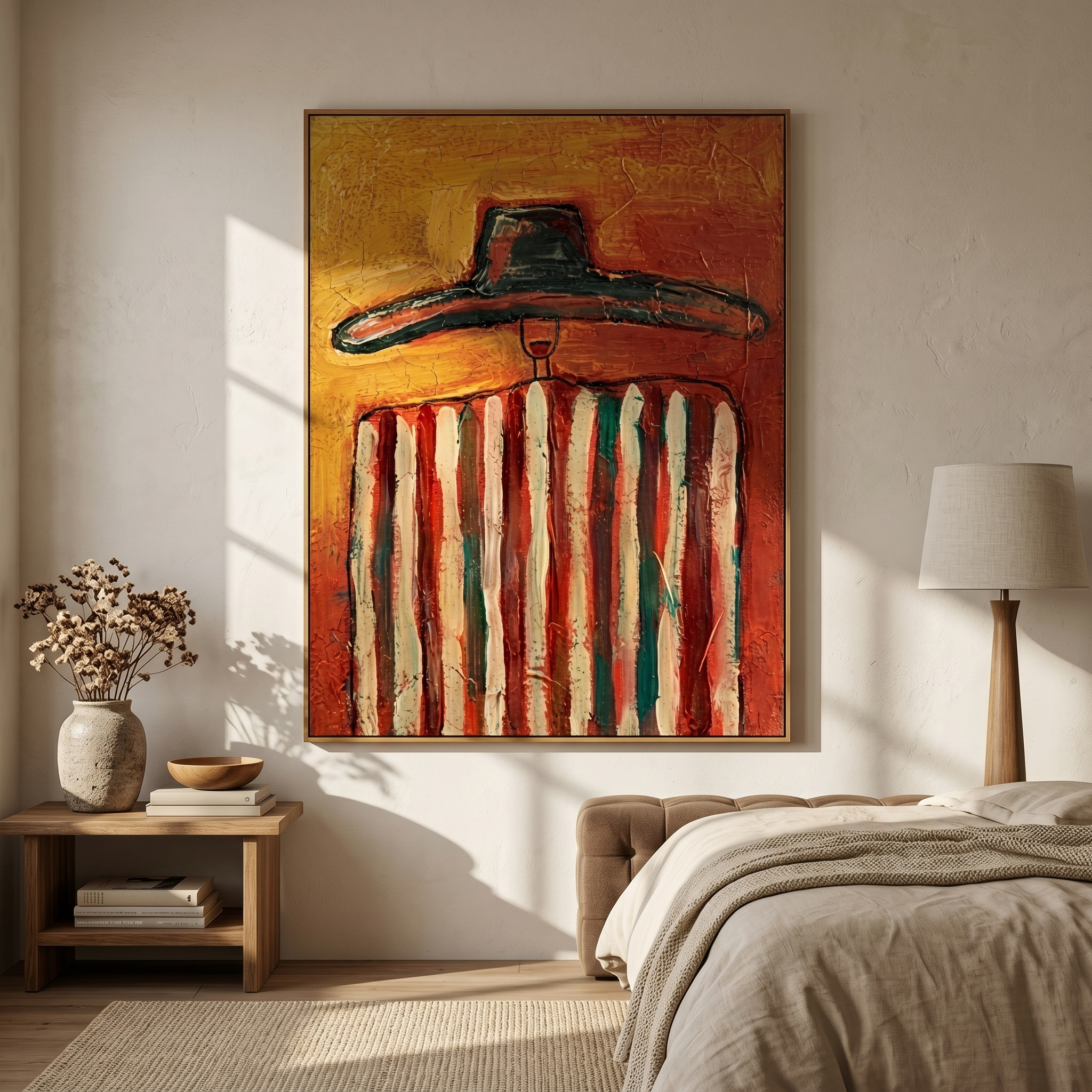 "Cowboy in Warm Stripes" – Stylized Impasto Western Artwork | Earthy Tones Textured Wall Decor | Contemporary Vertical Statement Piece #PE 521