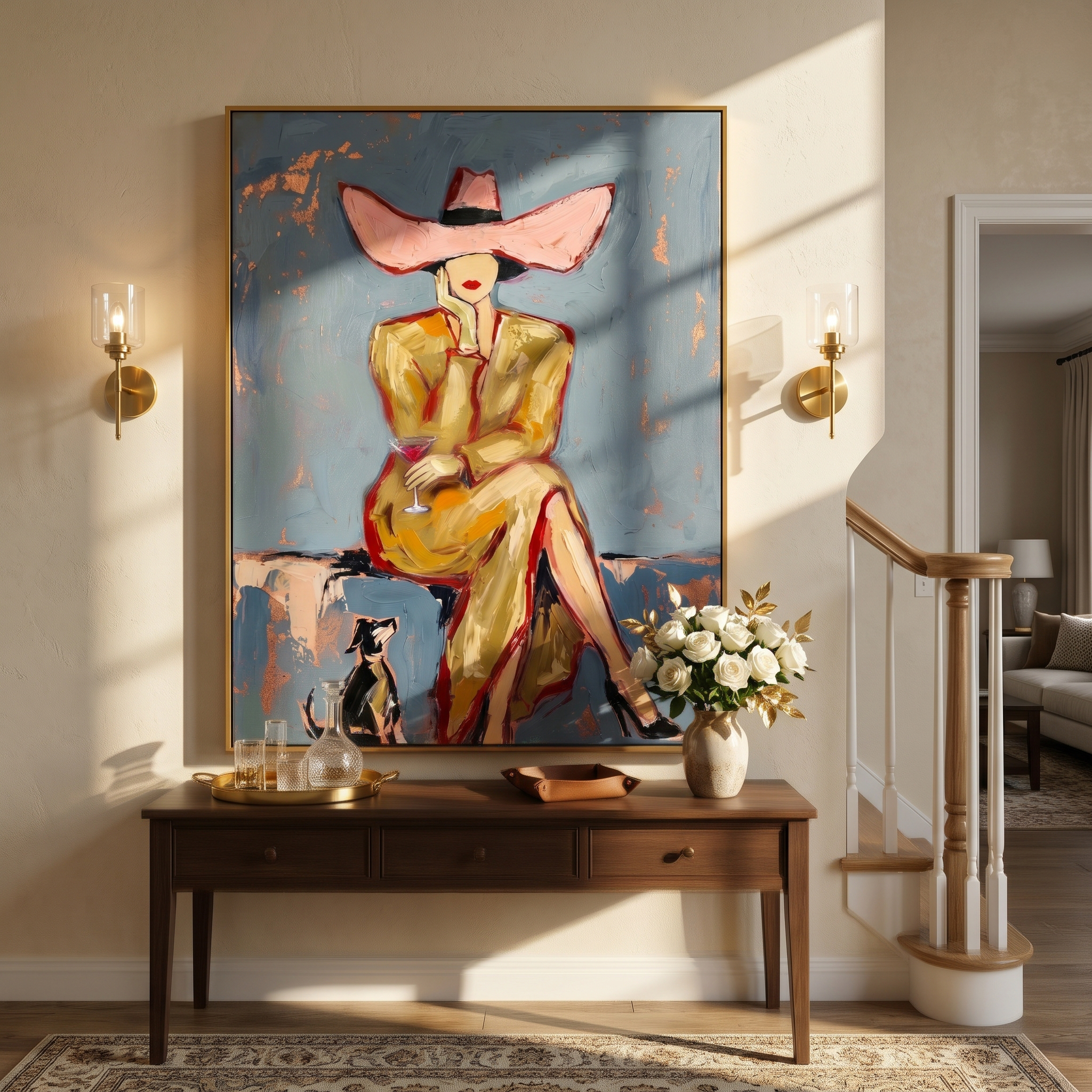 "Retro Elegance: Woman in Pink Hat" – Stylized Impasto Portrait | Sophisticated Neutral & Gold Accent Wall Decor | Contemporary Vertical Statement Piece #PE 507