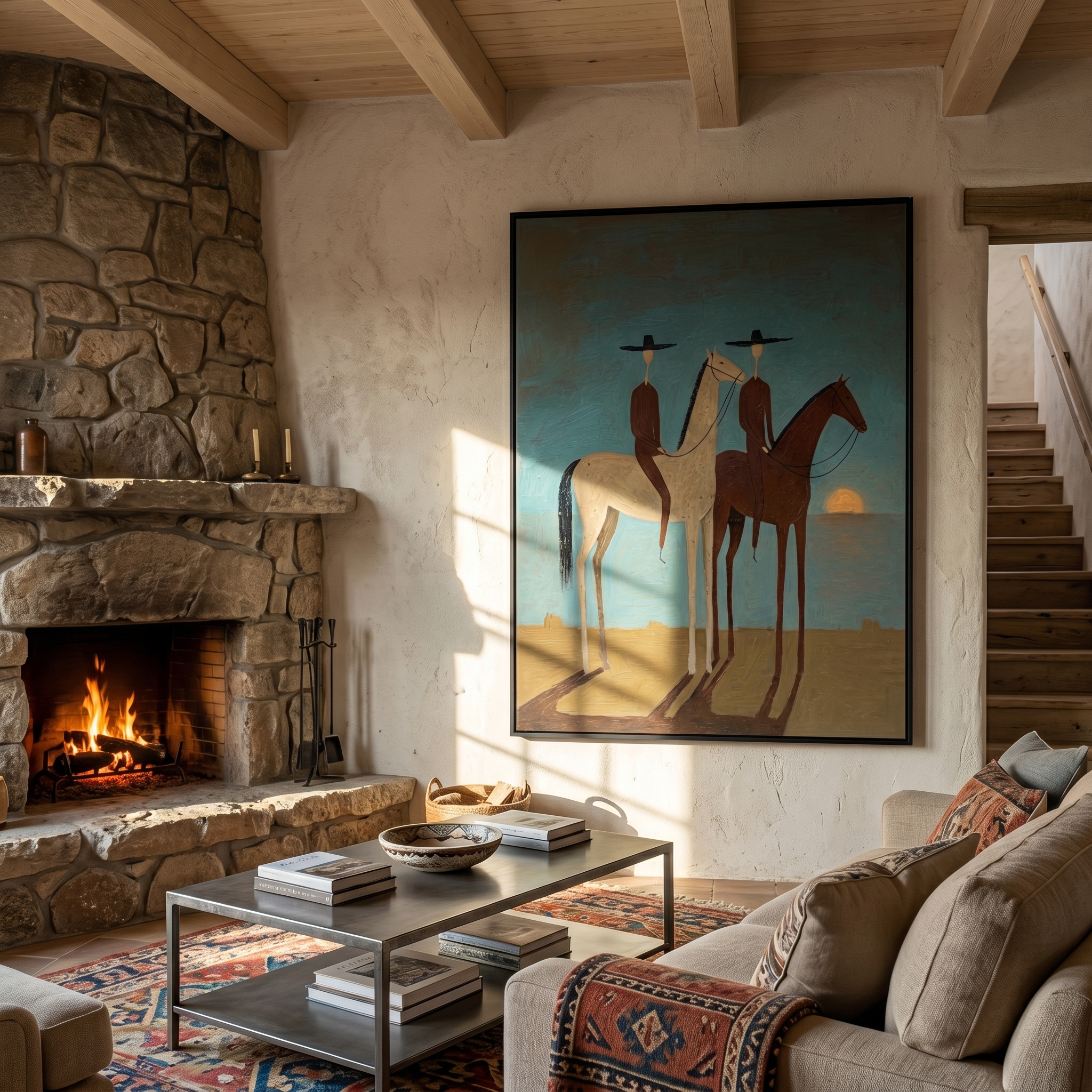 "Dusk Companions" – Modern Minimalist Impasto Western Art | 3D Teal & Sepia Palette Knife Painting | Luxury Vertical Wall Art #AB 503