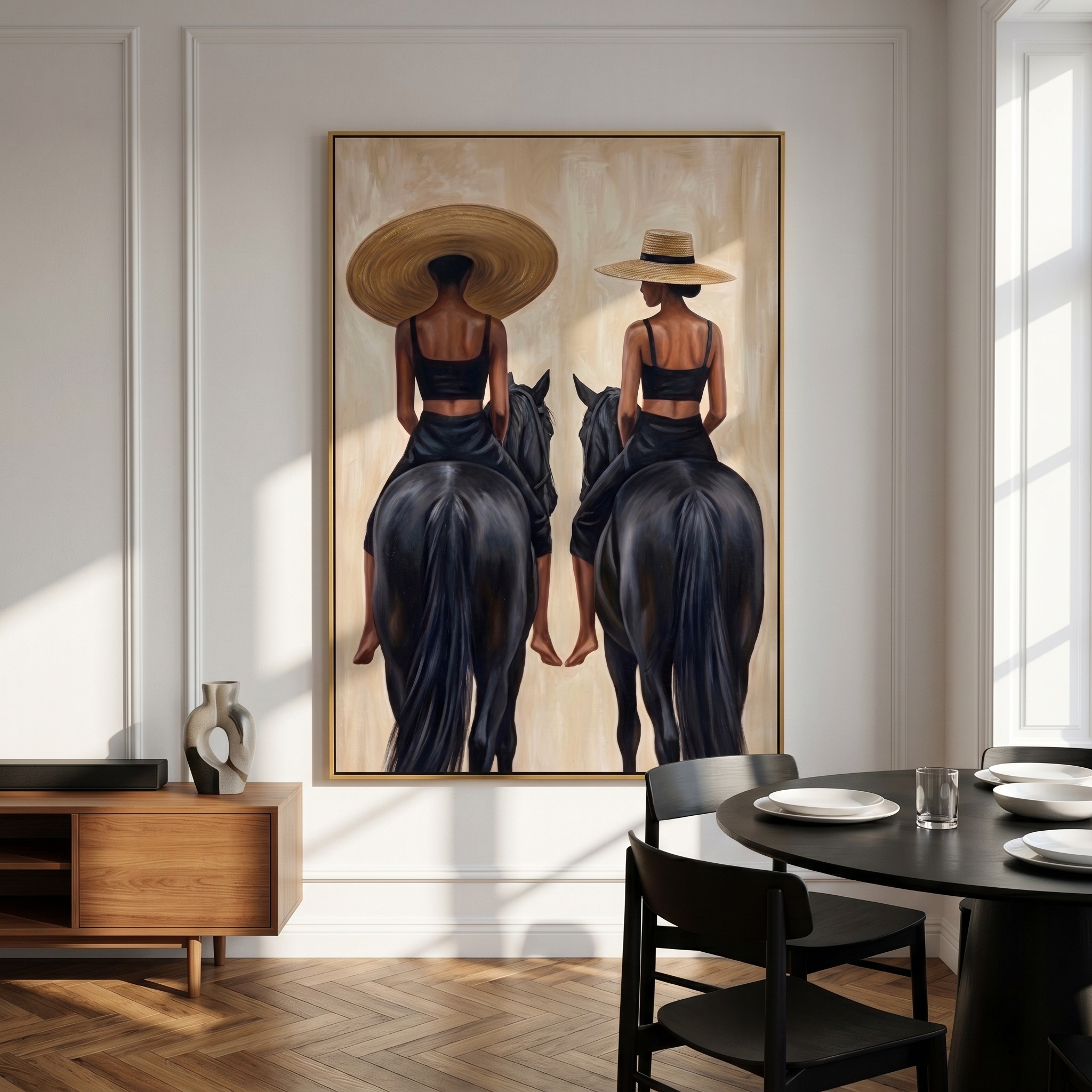 "Two Riders at Dawn" – Modern Heavy Impasto Figurative Art | 3D Raffia & Noir Palette Knife Painting | Luxury Vertical Wall Art #PT 556