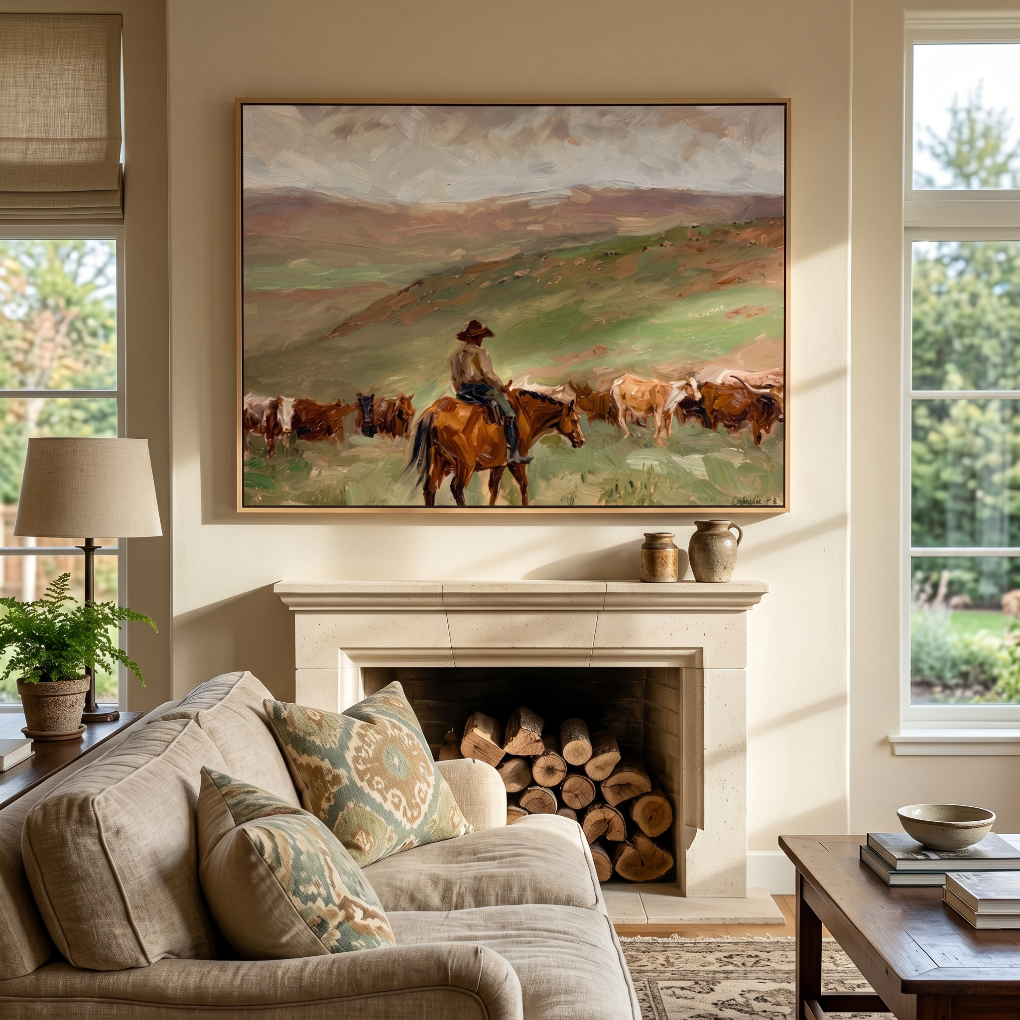 "Pasture Cattle Herder" – Modern Heavy Impasto Western Landscape Figurative | 3D Prairie Green & Rust Terracotta Palette Knife Painting | Luxury Horizontal Wall Art #PT 561