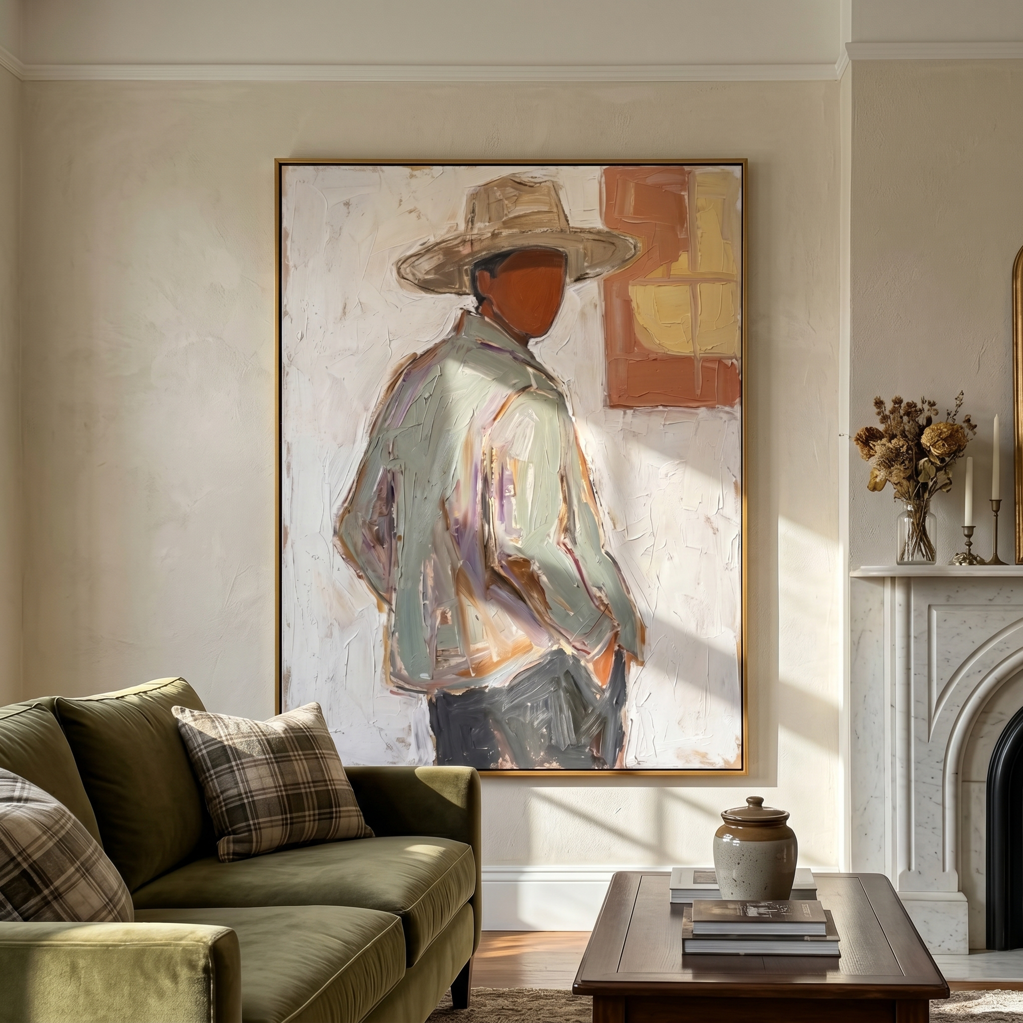 "Quiet Western Silhouette" – Expressive Sculptural Portrait | 3D Layered Ochre & Cream Canvas | Luxury Vertical Wall Art #PE 513