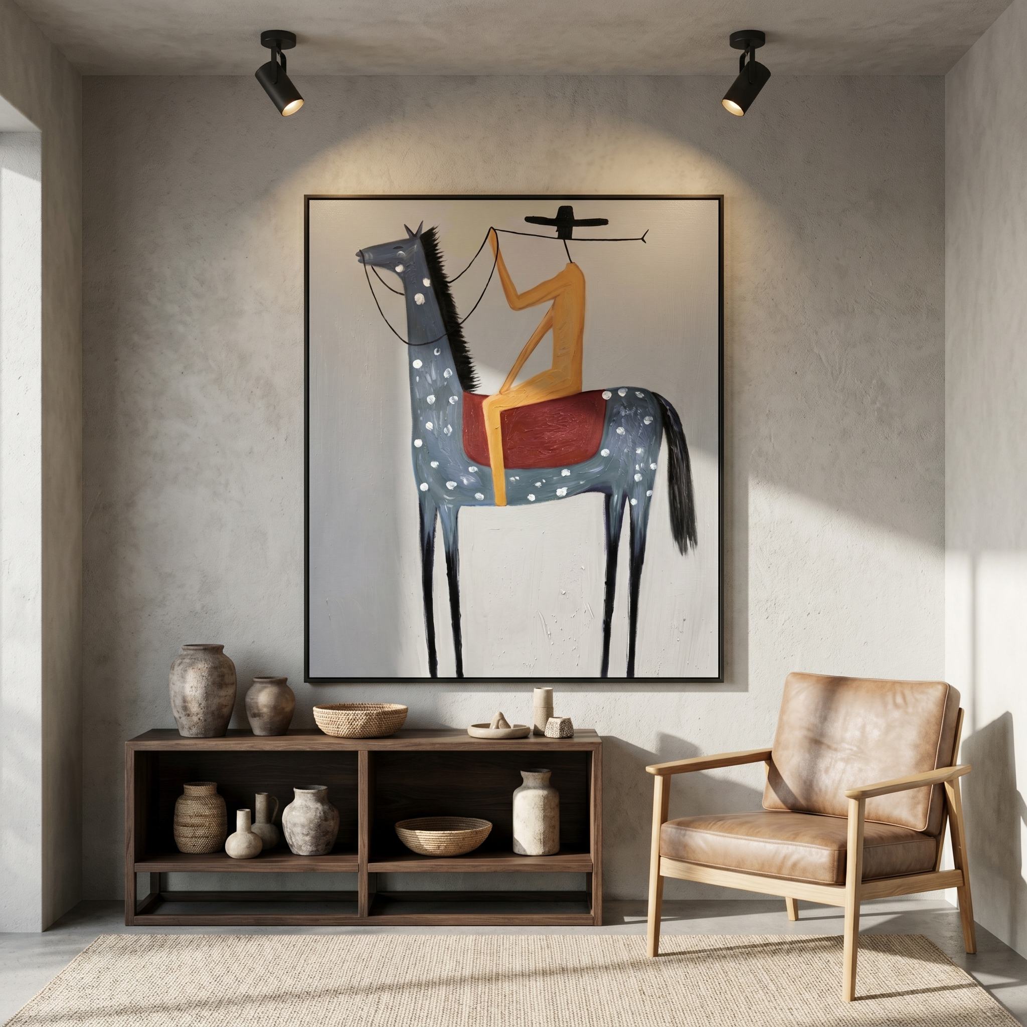 "Solitary Western Rider" – Modern Heavy Impasto Minimalist Figurative | 3D Slate Blue & Sand Ochre Palette Knife Painting | Luxury Vertical Wall Art #AB 504