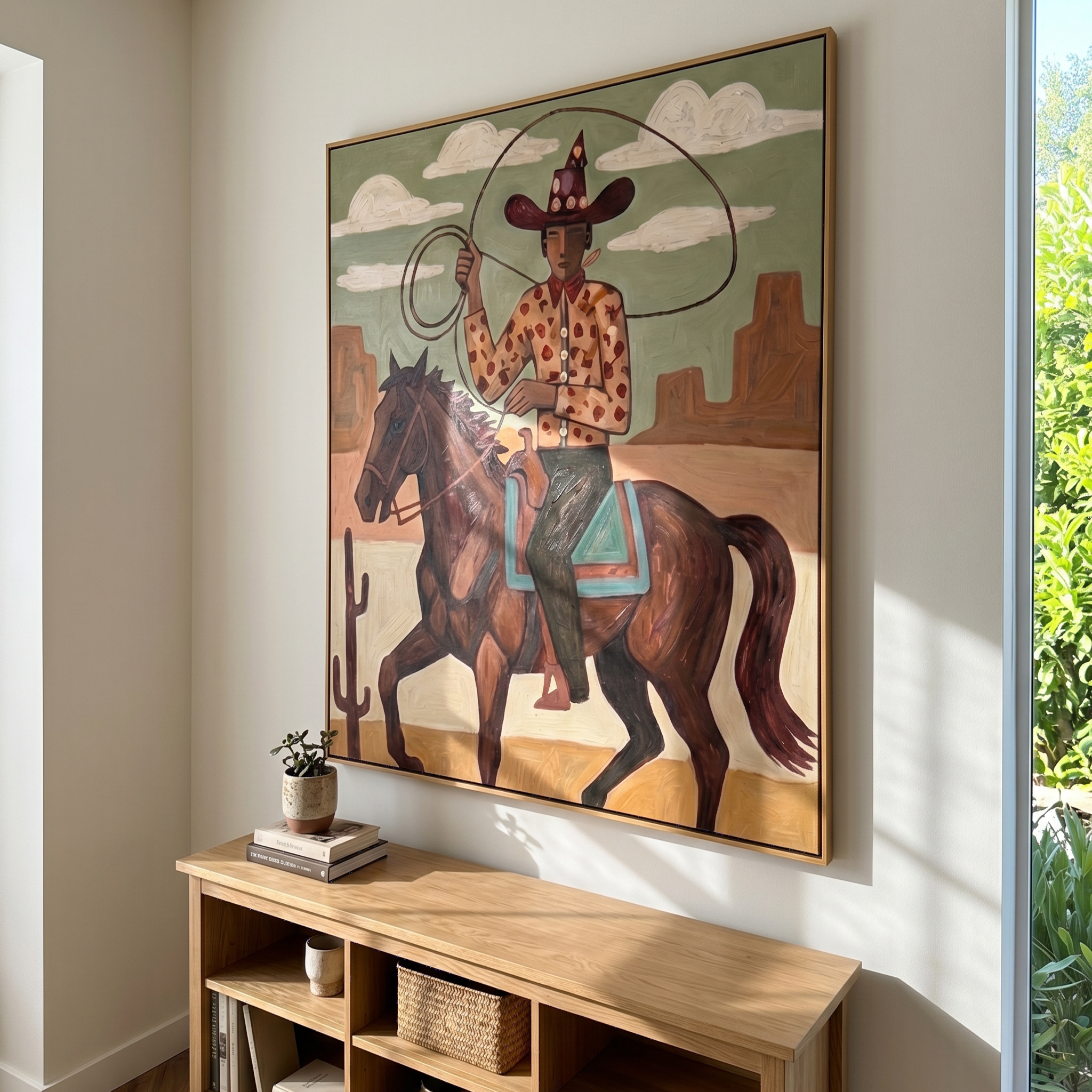 "Desert Lasso Cowboy" – Modern Heavy Impasto Southwestern Folk Figurative | 3D Sage Green & Terracotta Brown Palette Knife Painting | Luxury Vertical Wall Art #PT 559
