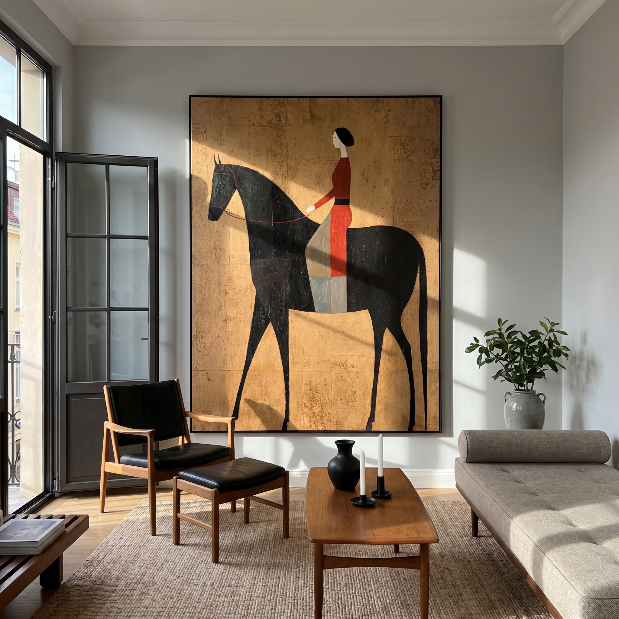 "Gilded Noble Equestrienne" – Modern Heavy Impasto Vintage Figurative | 3D Antique Gold & Burgundy Ebony Palette Knife Painting | Luxury Vertical Wall Art #PT 558