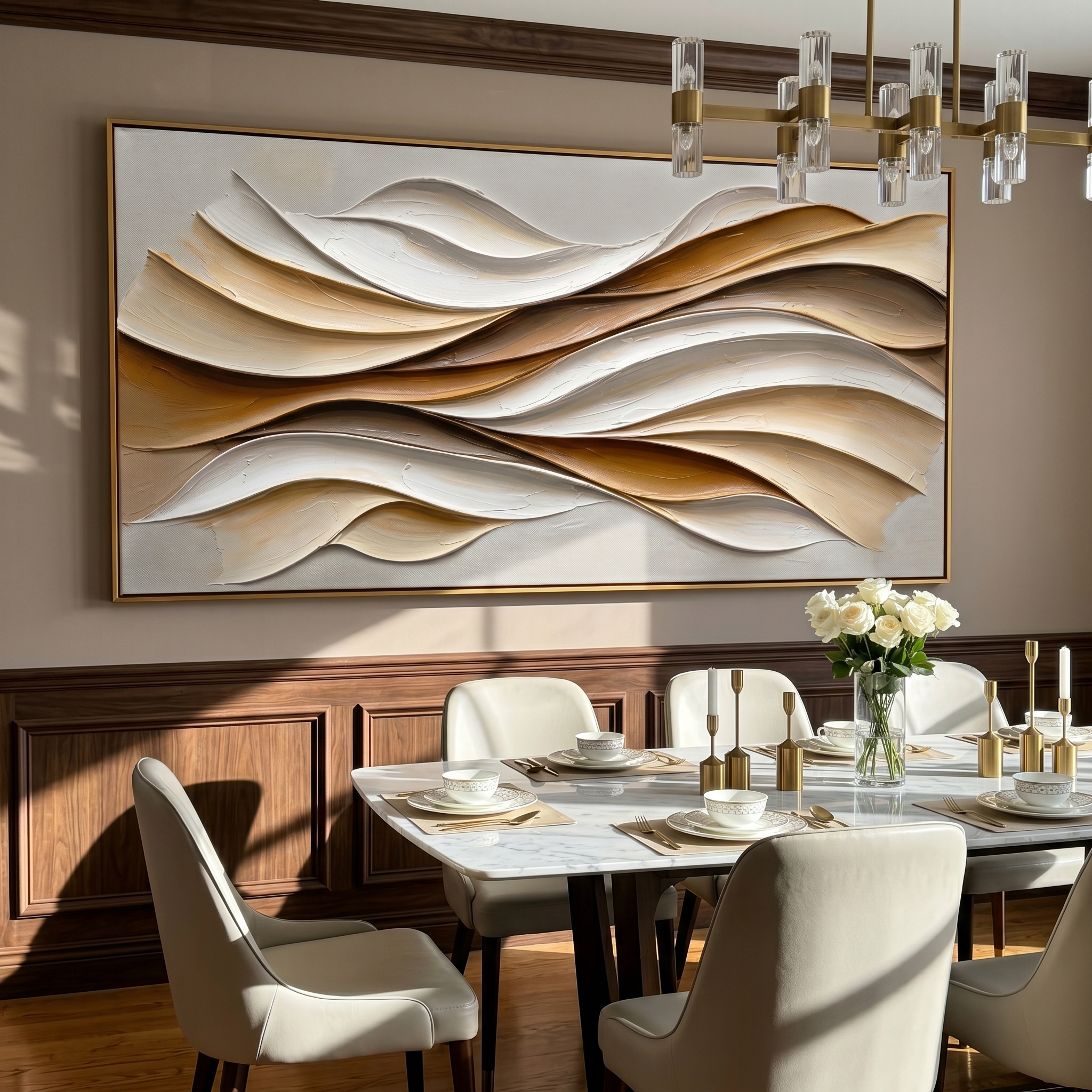 "Warm Current Flow" – Modern Textured Abstract Canvas | Earthy Beige & Gold 3D Wave Artwork | Luxury Living Room Wall Decor #PT 549