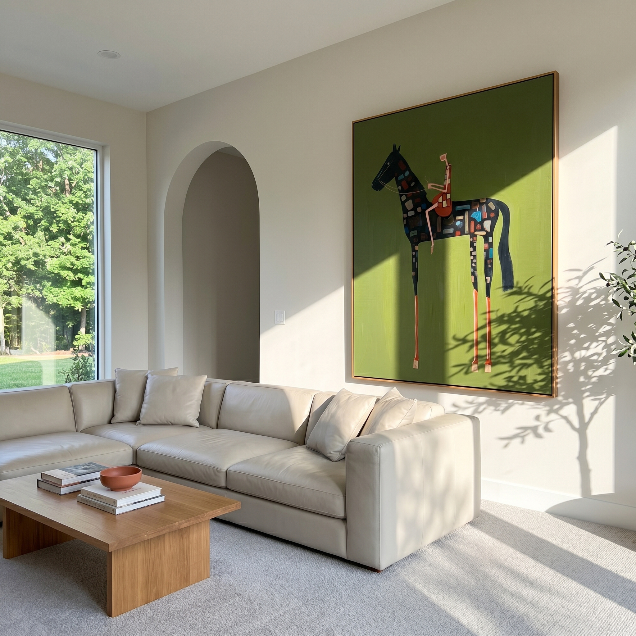 "Mosaic Patchwork Equestrian" – Modern Heavy Impasto Folk Figurative | 3D Moss Green & Multicolored Mosaic Palette Knife Painting | Luxury Square Wall Art #AB 512