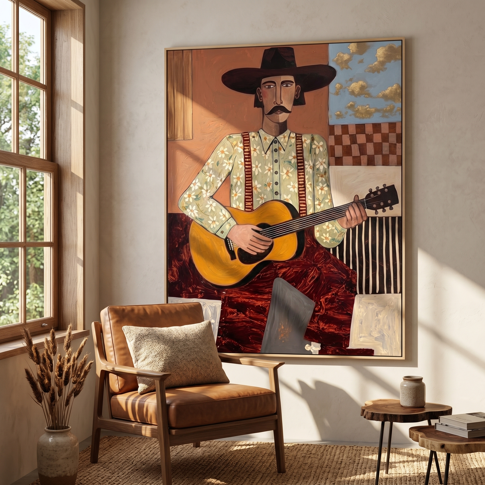 "The Western Guitarist" – Modern Folk Impasto Portrait | 3D Terracotta & Gold Palette Knife Painting | Luxury Vertical Wall Art #PE 506