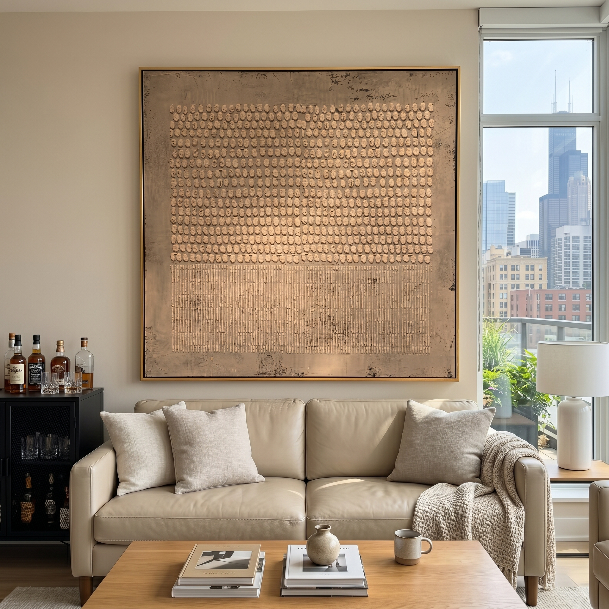 "Dots & Lines Neutral Relief" – Modern Heavy Impasto Abstract Art | 3D Taupe & Beige Textured Palette Knife Painting | Luxury Square Wall Art #WS 245