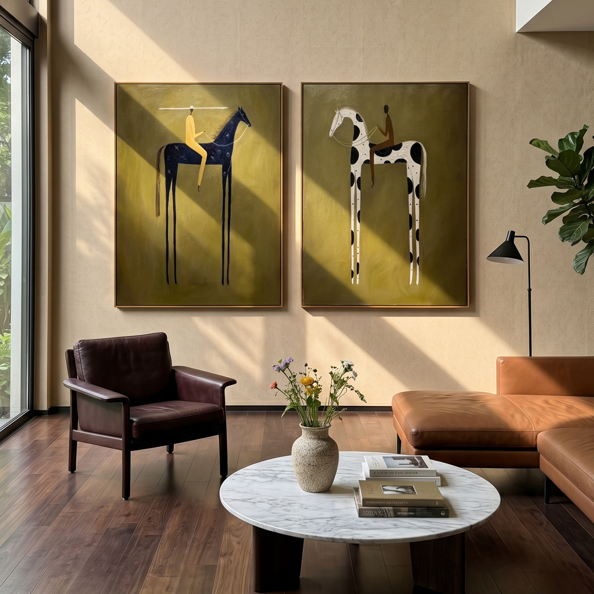 "Twin Riders' Journey" – Modern Heavy Impasto Figurative Set | 3D Olive & Contrast Palette Knife Paintings | Luxury Vertical Diptych Wall Art #AB 495