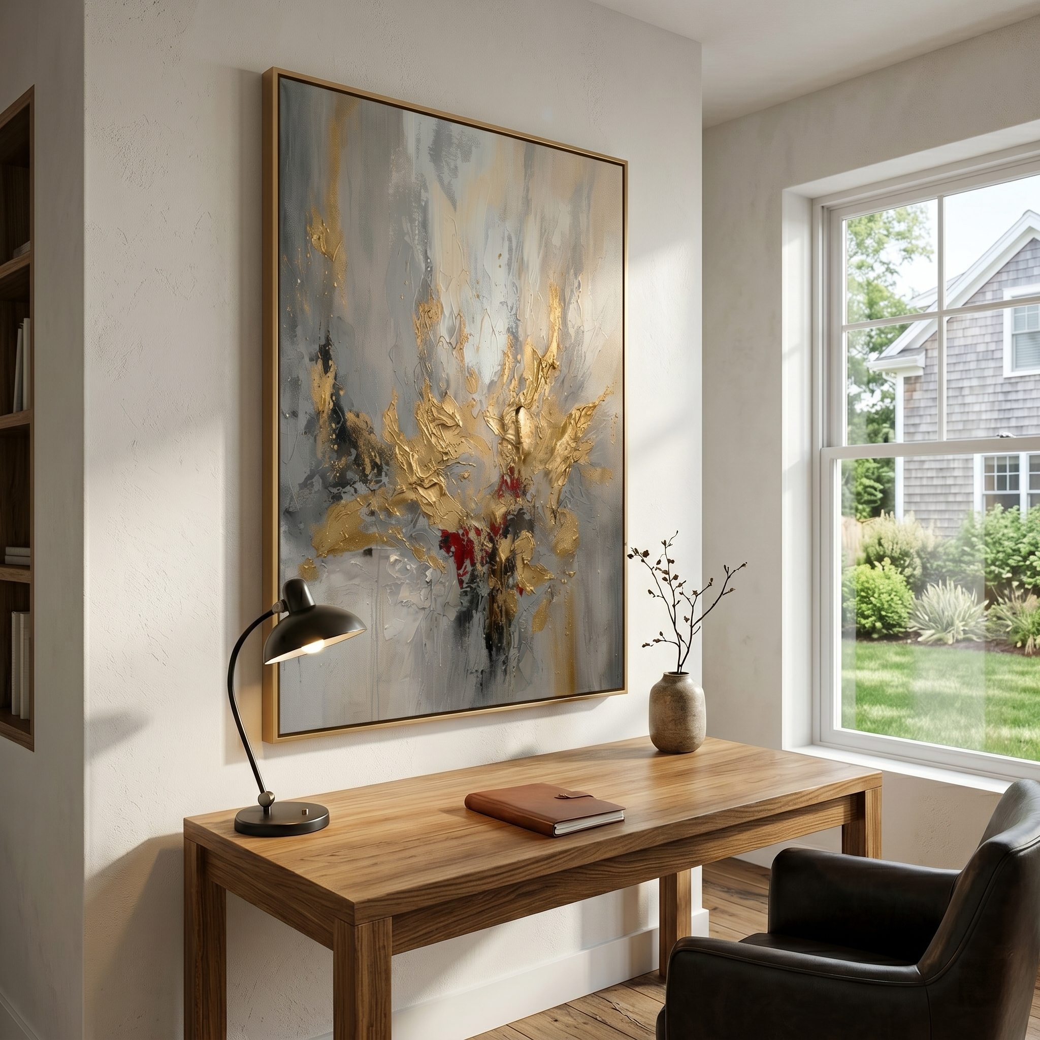 "Golden Awakening" – Luxury 3D Heavy Impasto Gold Leaf Abstract | Modern Smokey Gray Statement Art for Mansion #AB952