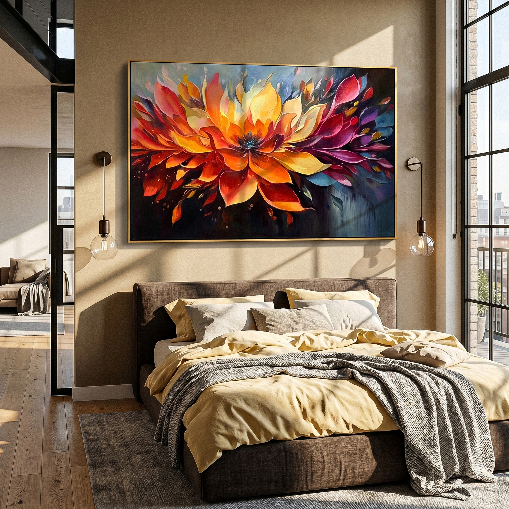 "Sunset Petal Explosion" – Expressive Impasto Floral Artwork | Tactile Multicolor Flower Canvas | Luxury Statement Horizontal Wall Art #PT 554
