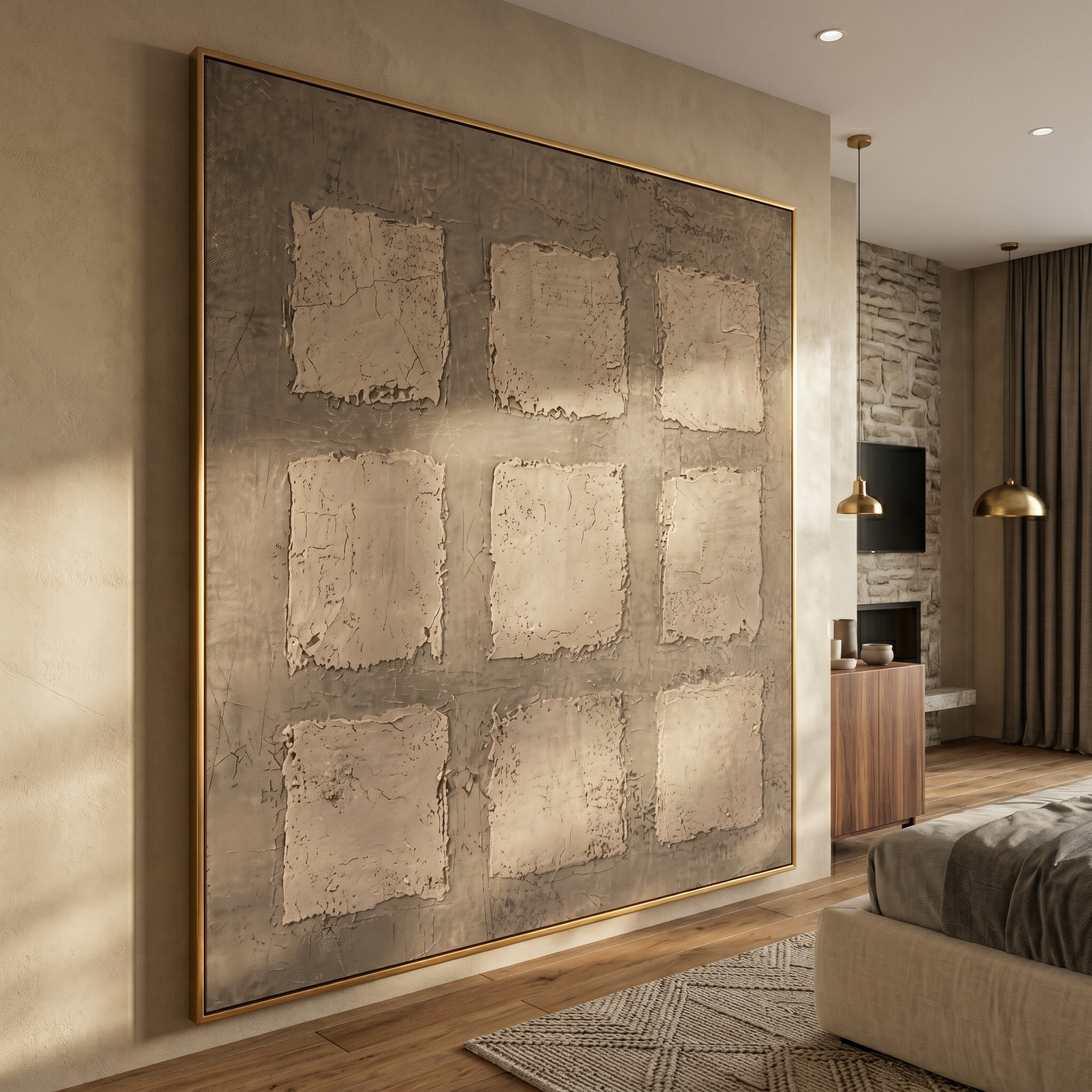 "Nine Squares in Taupe" – Modern Heavy Impasto Abstract Art | 3D Warm Taupe & Beige Palette Knife Painting | Luxury Square Wall Art #WS 248