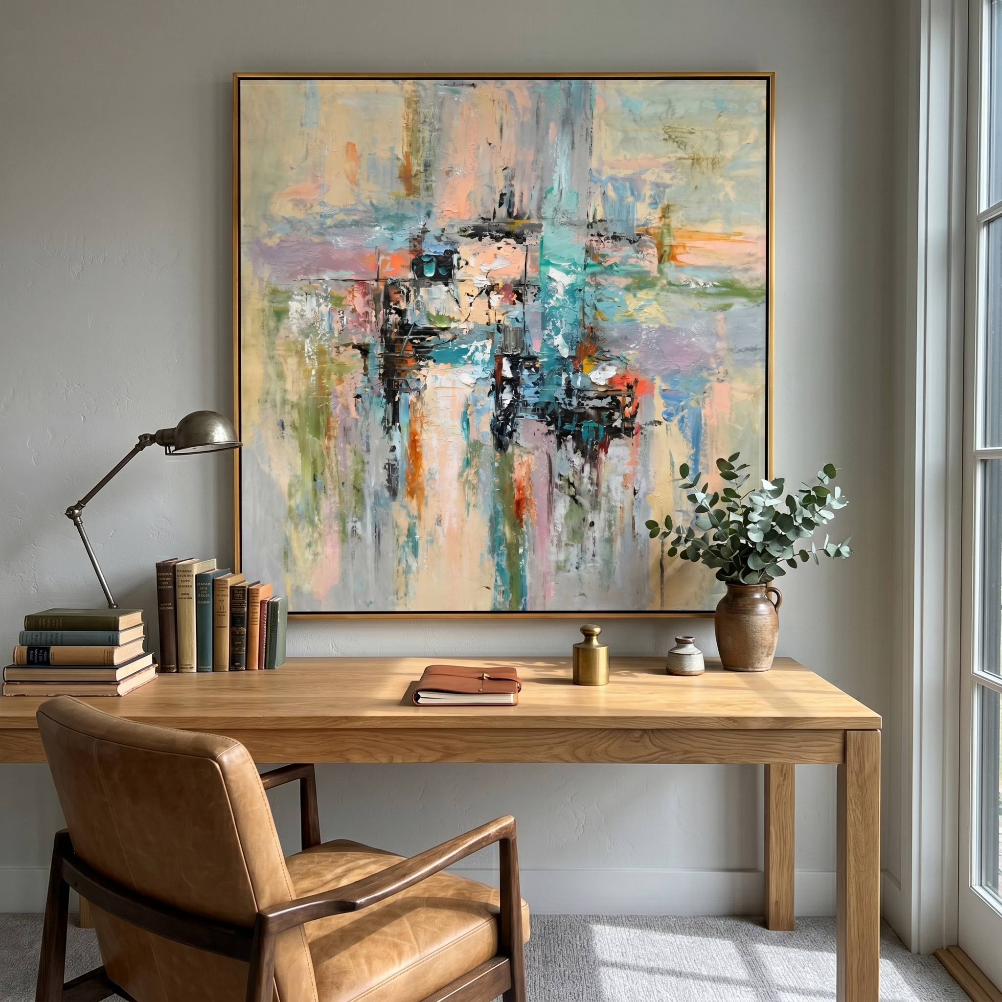 "Urban Reflection" – Modern Impressionist Waterfront Abstract | Serene Sage Green & Pastel Textured Gallery Art#AB1011
