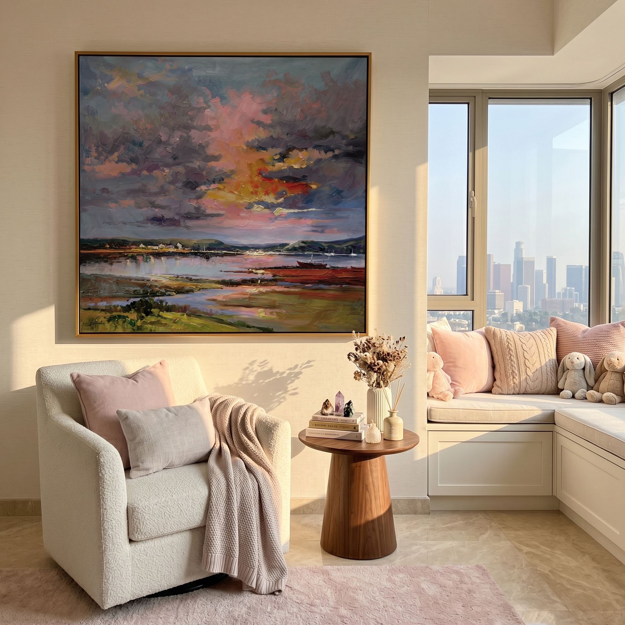 "The Gentle Glow" – Impressionist Sunset Village Scenery | Modern Pastoral Healing Style Landscape Wall Art #LC149