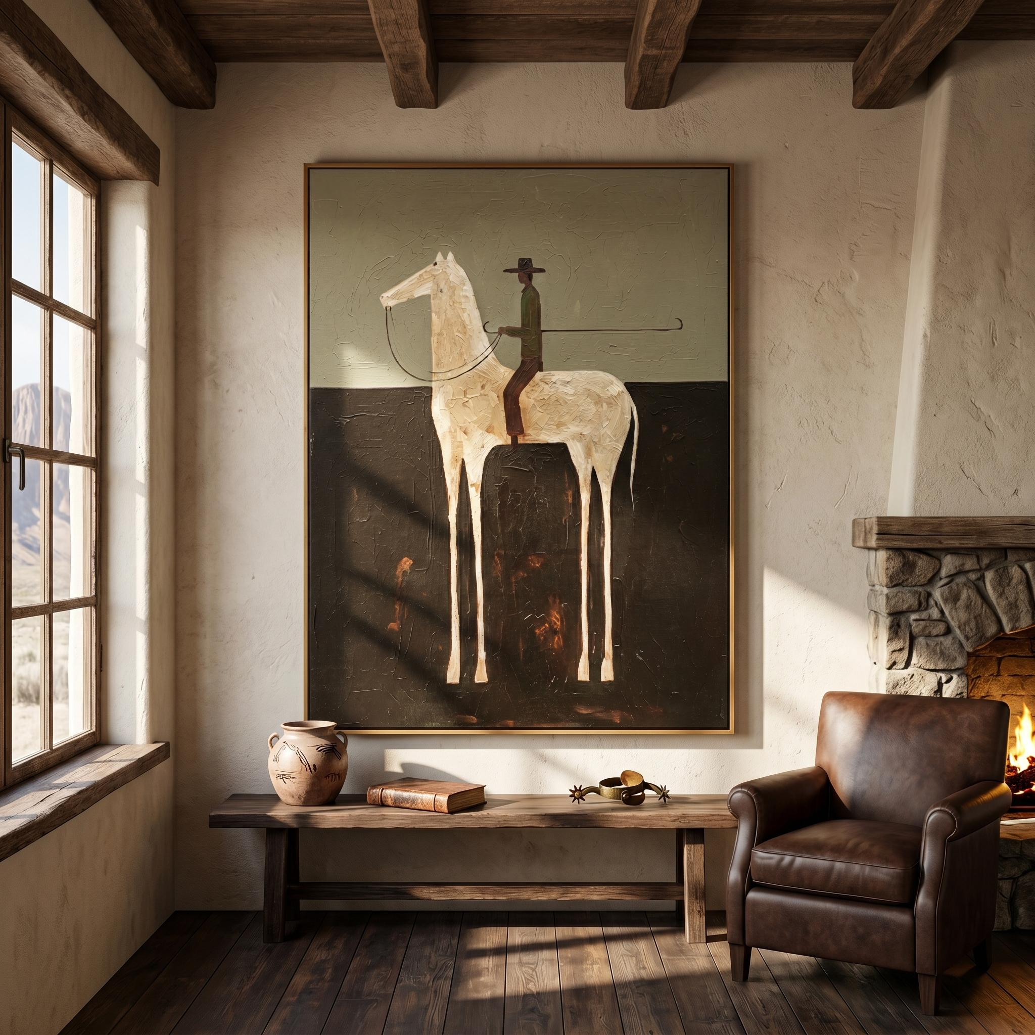 "Cowboy on the White Steed" – Stylized Minimalist Impasto Artwork | Earthy Tones Textured Wall Decor | Contemporary Vertical Statement Piece #AB 500