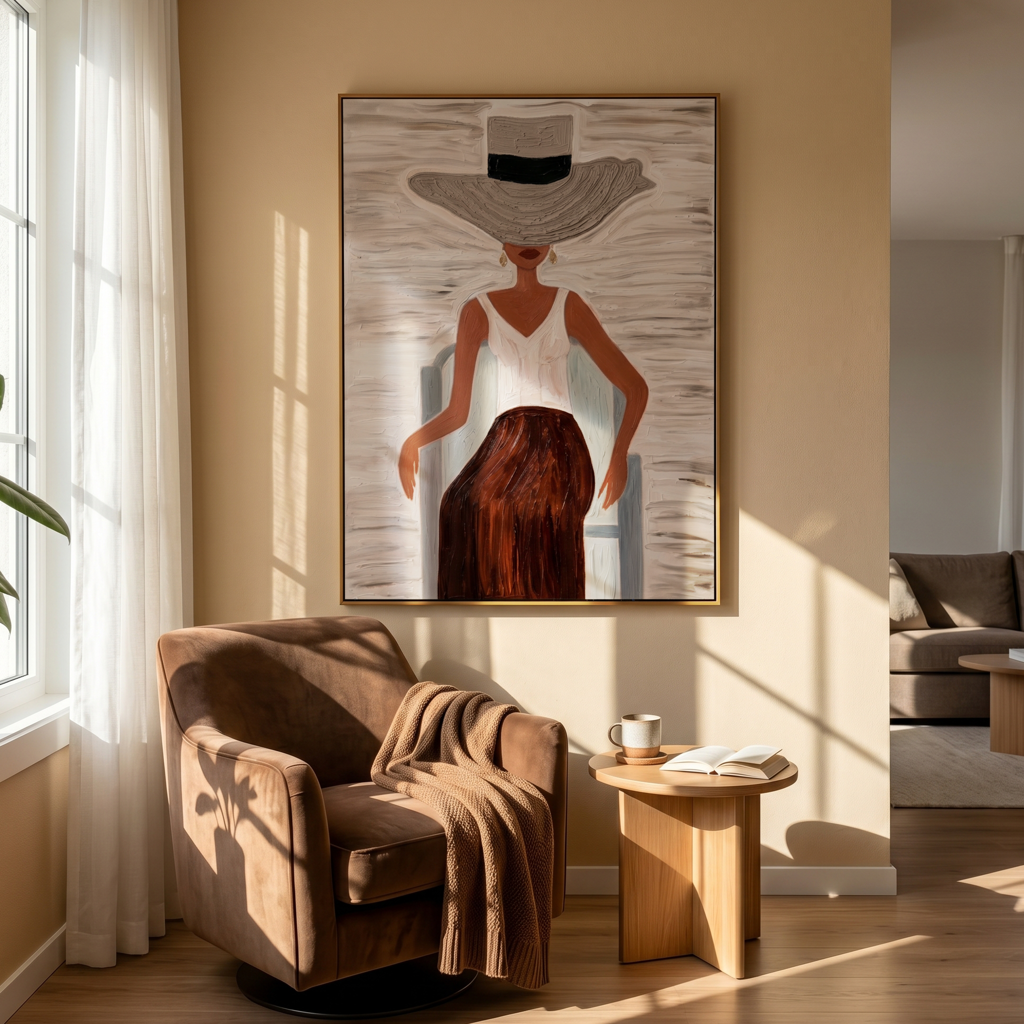 Sunhat Serenity" – Expressive Impasto Figurative Artwork | Tactile Neutral Tone Woman in Chair Art | Luxury Minimalist Statement Wall Art #PE 502